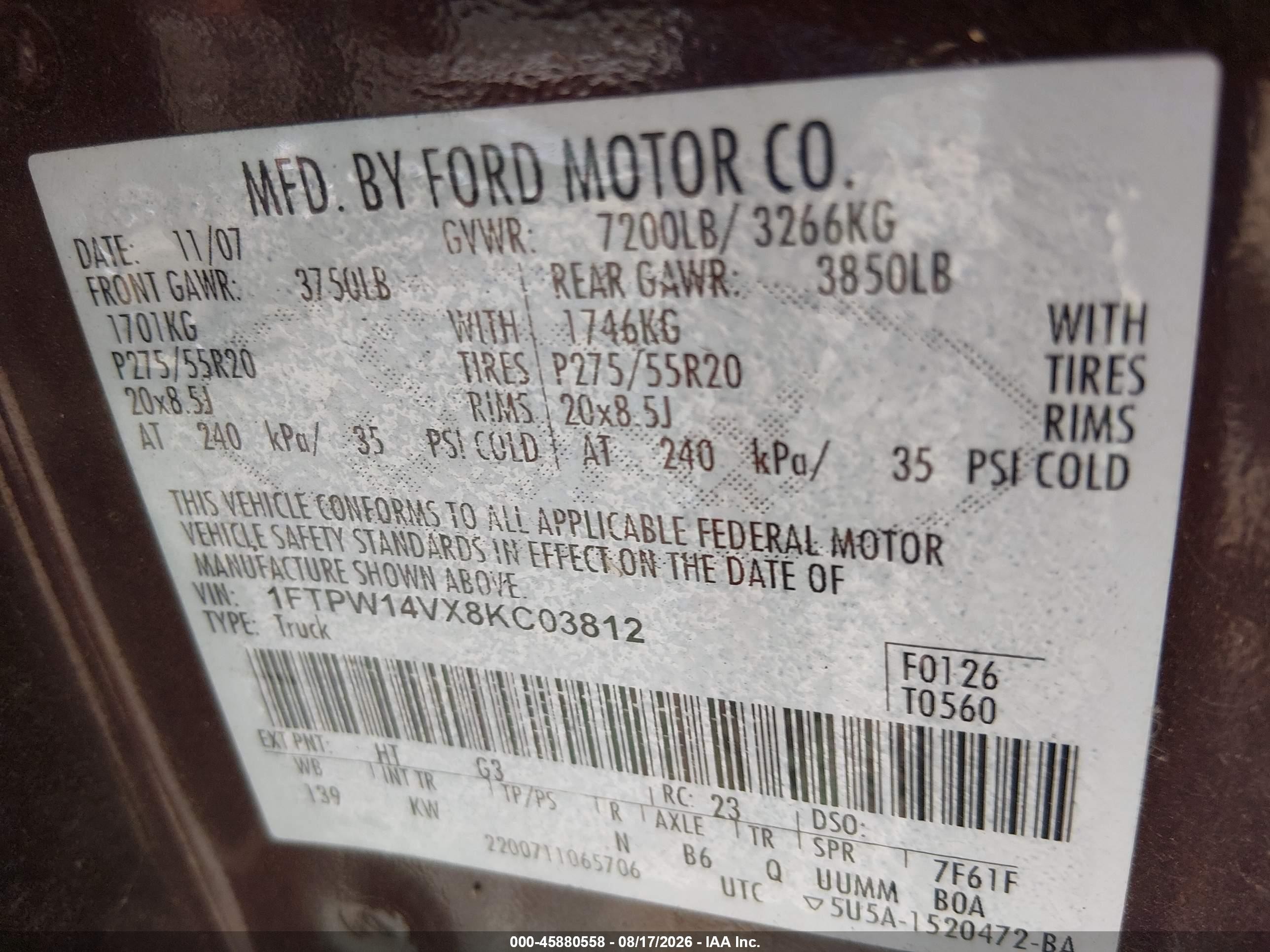2008 Ford F-150 60th Anniversary/fx4/king Ranch/lariat/xlt Brown vin: 1FTPW14VX8KC03812