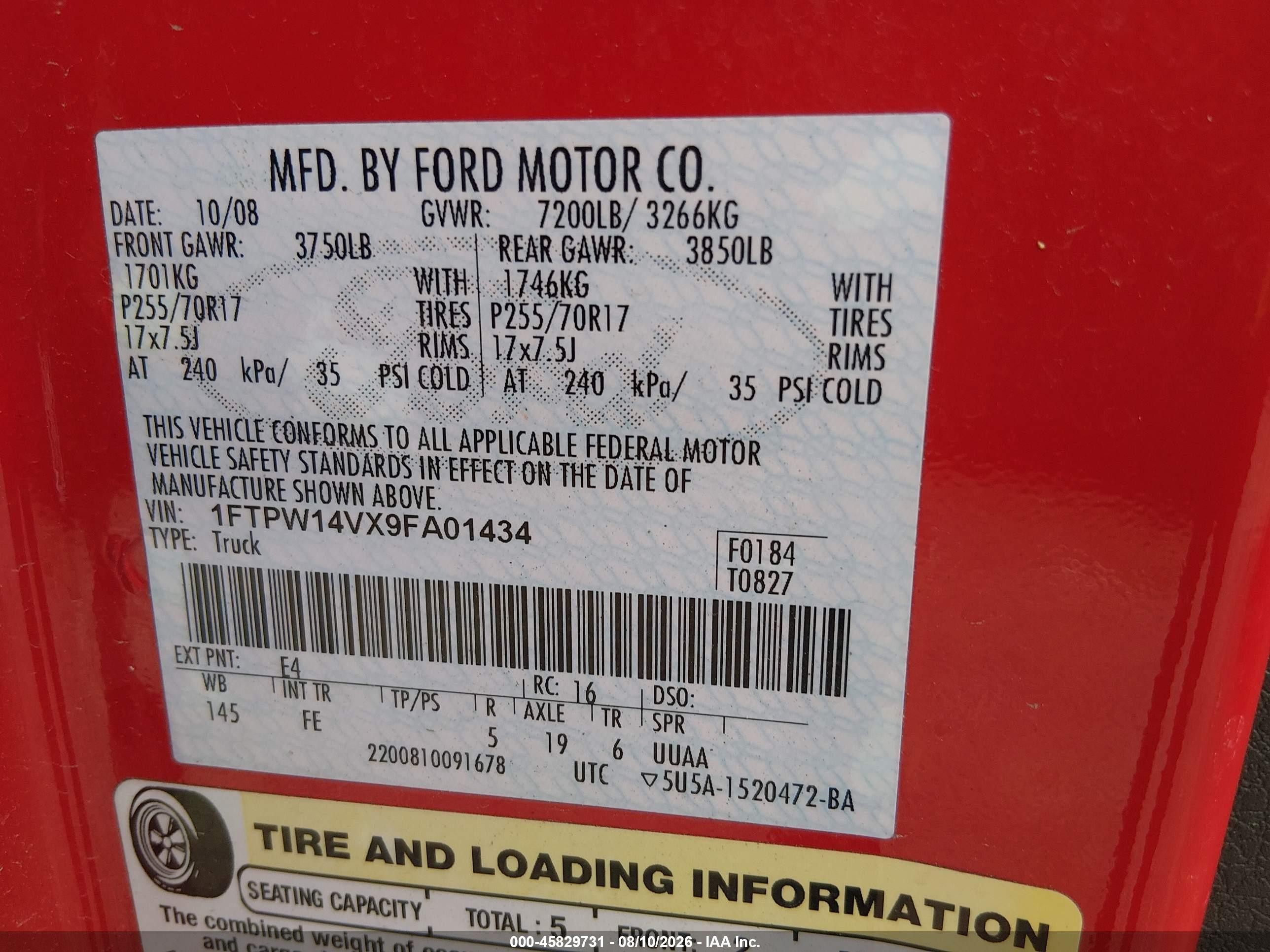 2009 Ford F-150 Fx4/king Ranch/lariat/platinum/xl/xlt Красный vin: 1FTPW14VX9FA01434