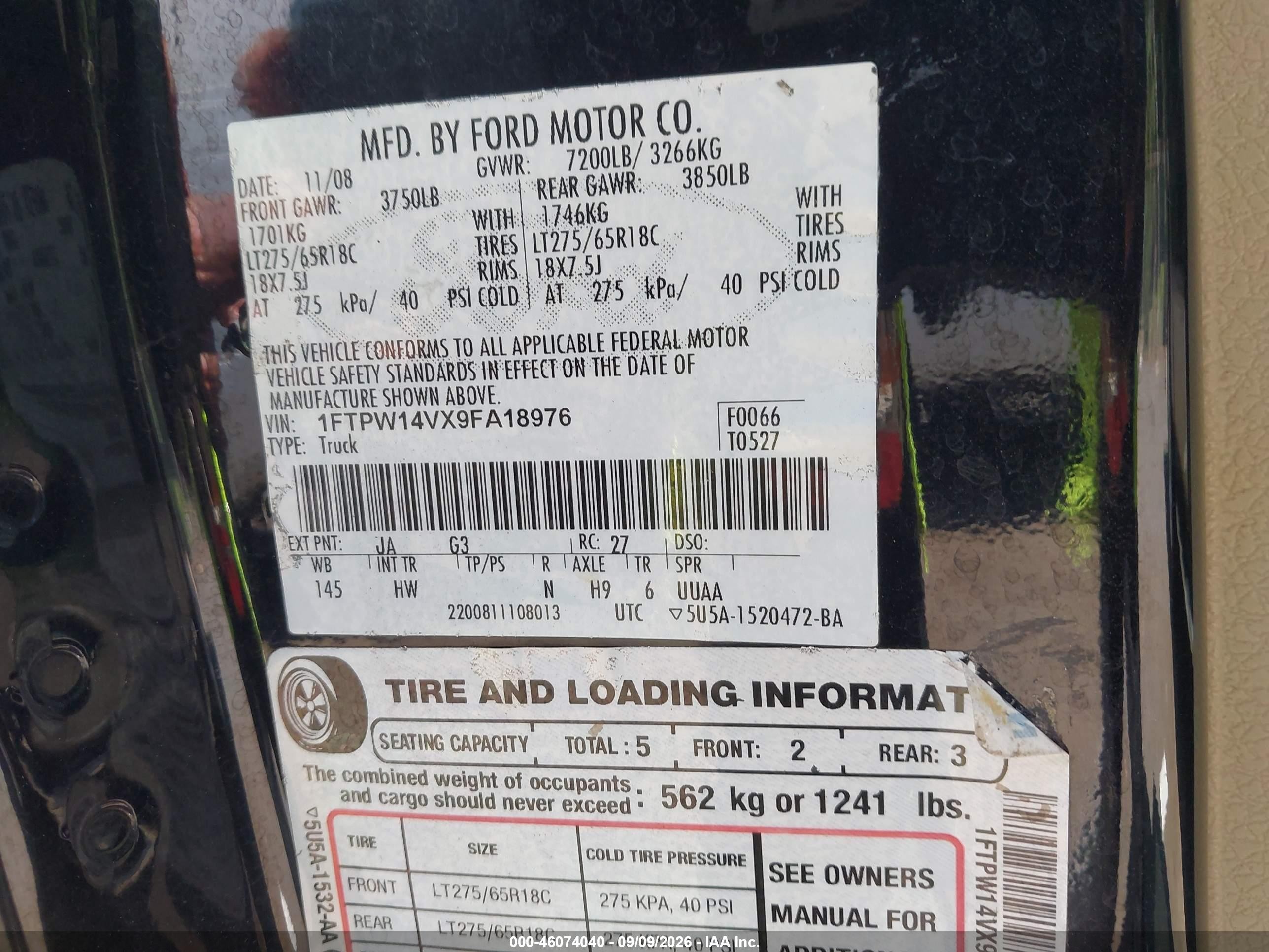 2009 Ford F-150 Fx4/king Ranch/lariat/platinum/xl/xlt Black vin: 1FTPW14VX9FA18976
