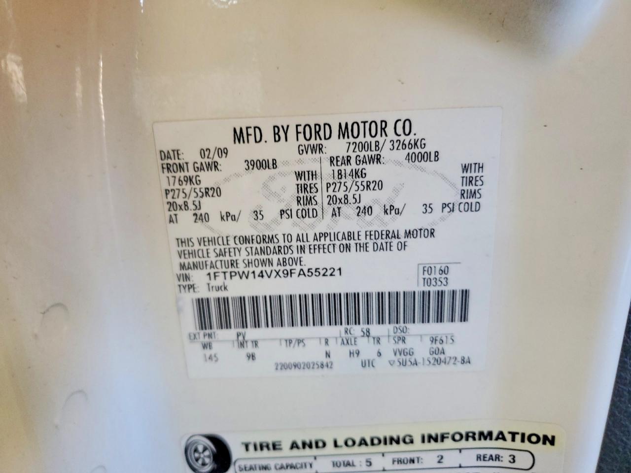 2009 Ford F150 Supercrew White vin: 1FTPW14VX9FA55221