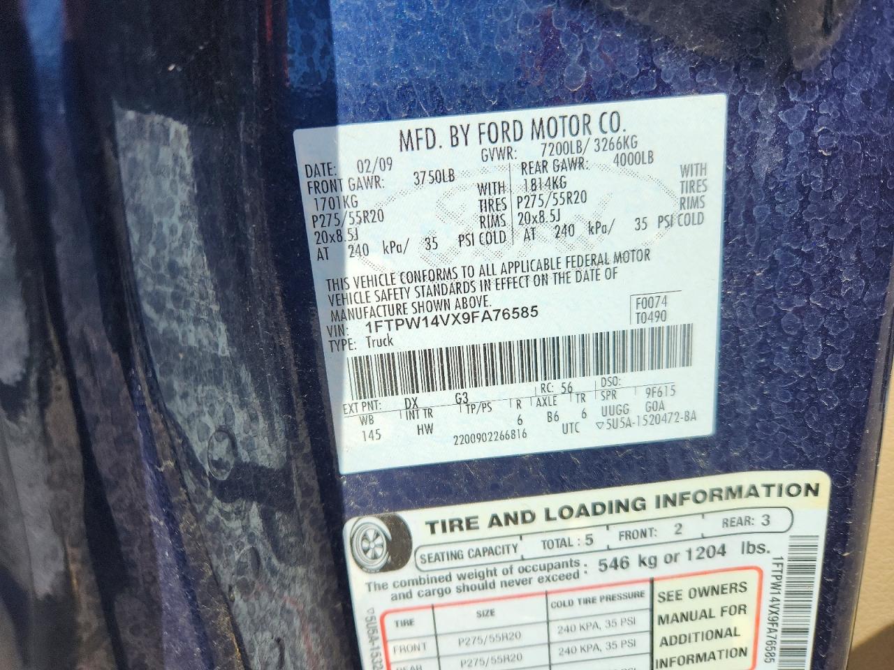 2009 Ford F150 Supercrew Blue vin: 1FTPW14VX9FA76585