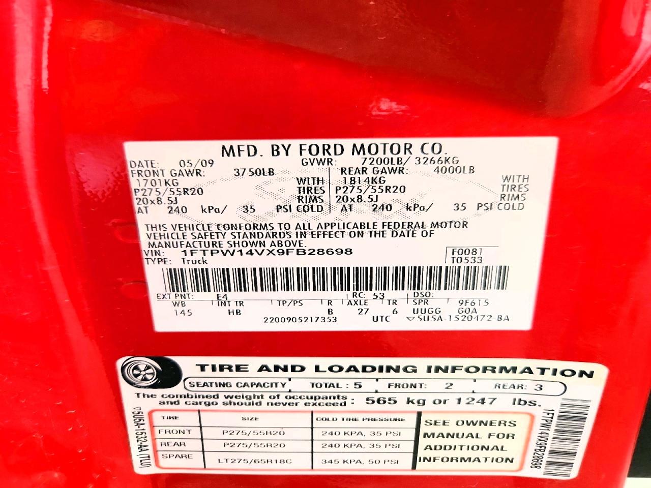 2009 Ford F150 Supercrew Red vin: 1FTPW14VX9FB28698