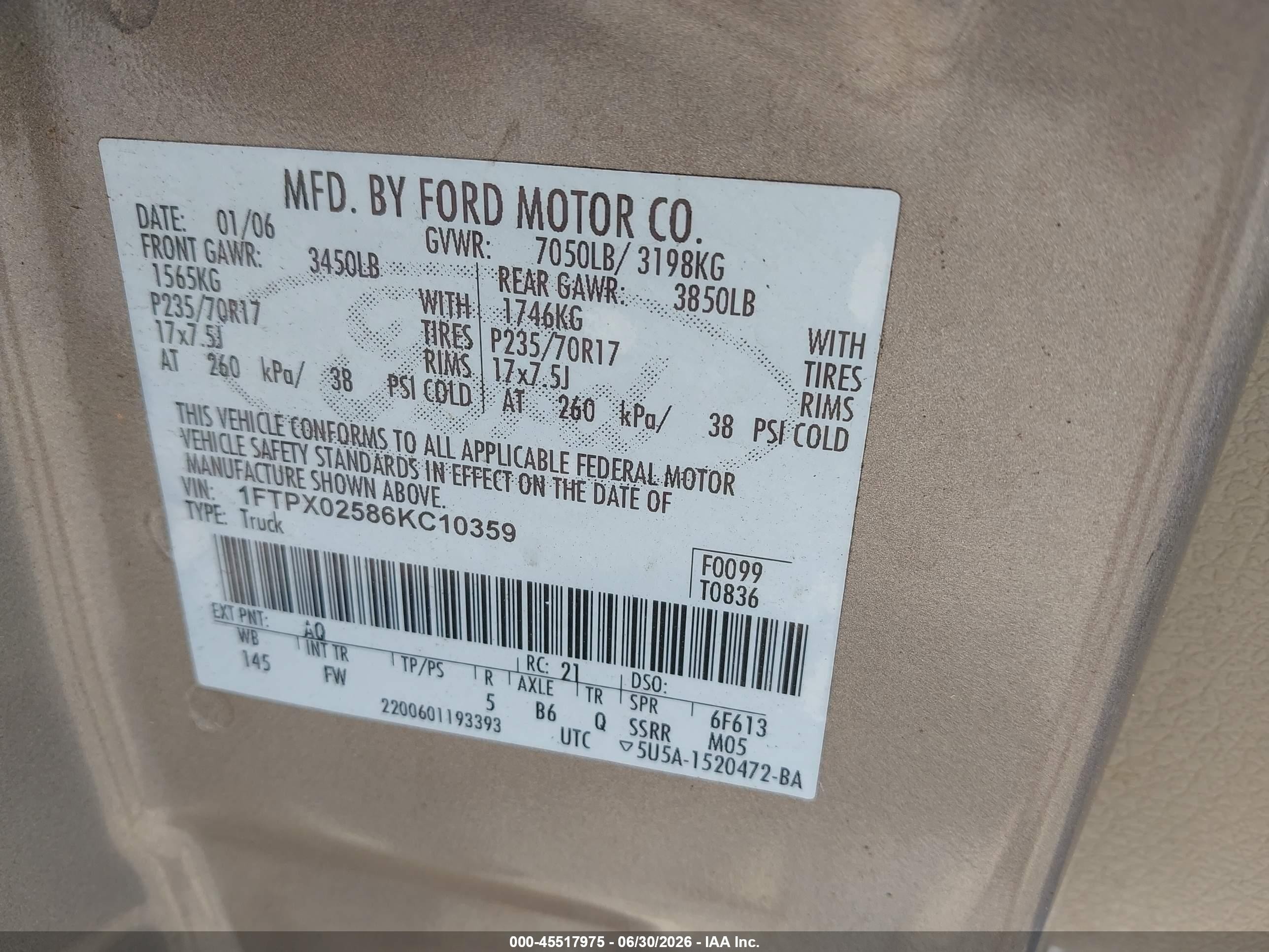 2006 Ford F-150 Xlt Gold vin: 1FTPX02586KC10359