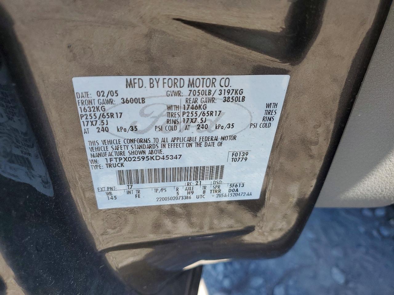 2005 Ford F150 Charcoal vin: 1FTPX02595KD45347
