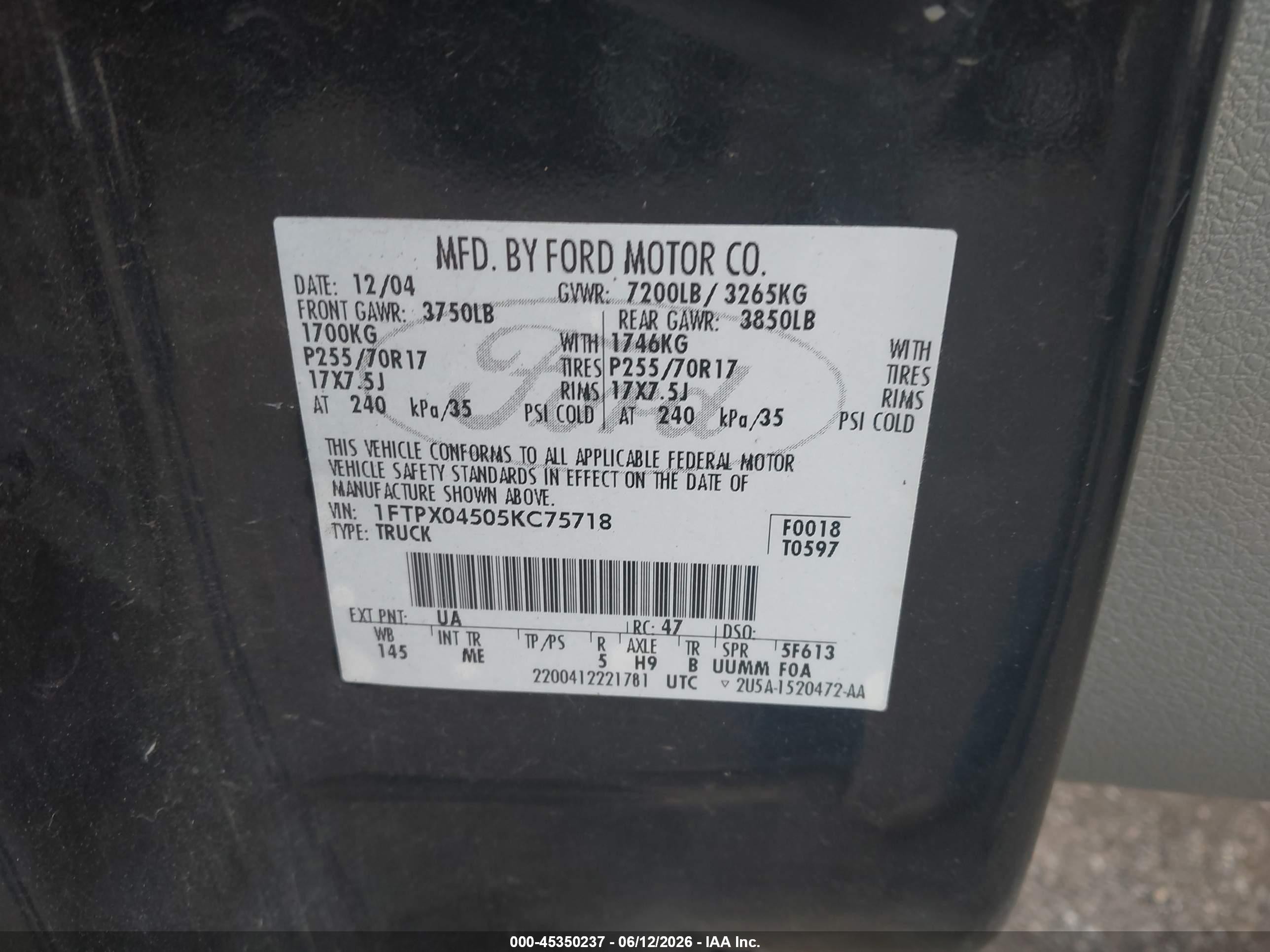 2005 Ford F-150 Fx4/xlt Черный vin: 1FTPX04505KC75718