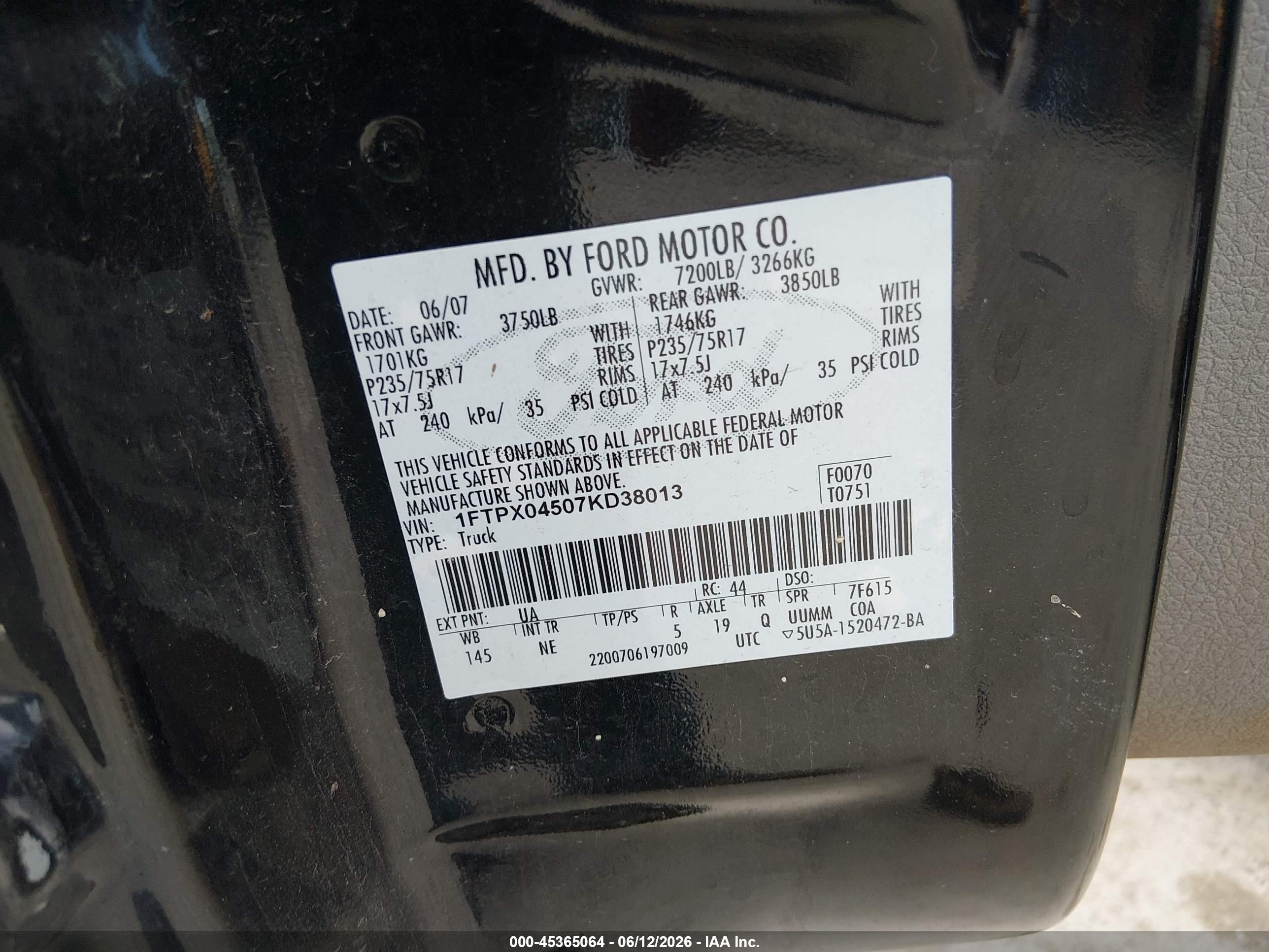 2007 Ford F-150 Fx4/xlt Black vin: 1FTPX04507KD38013