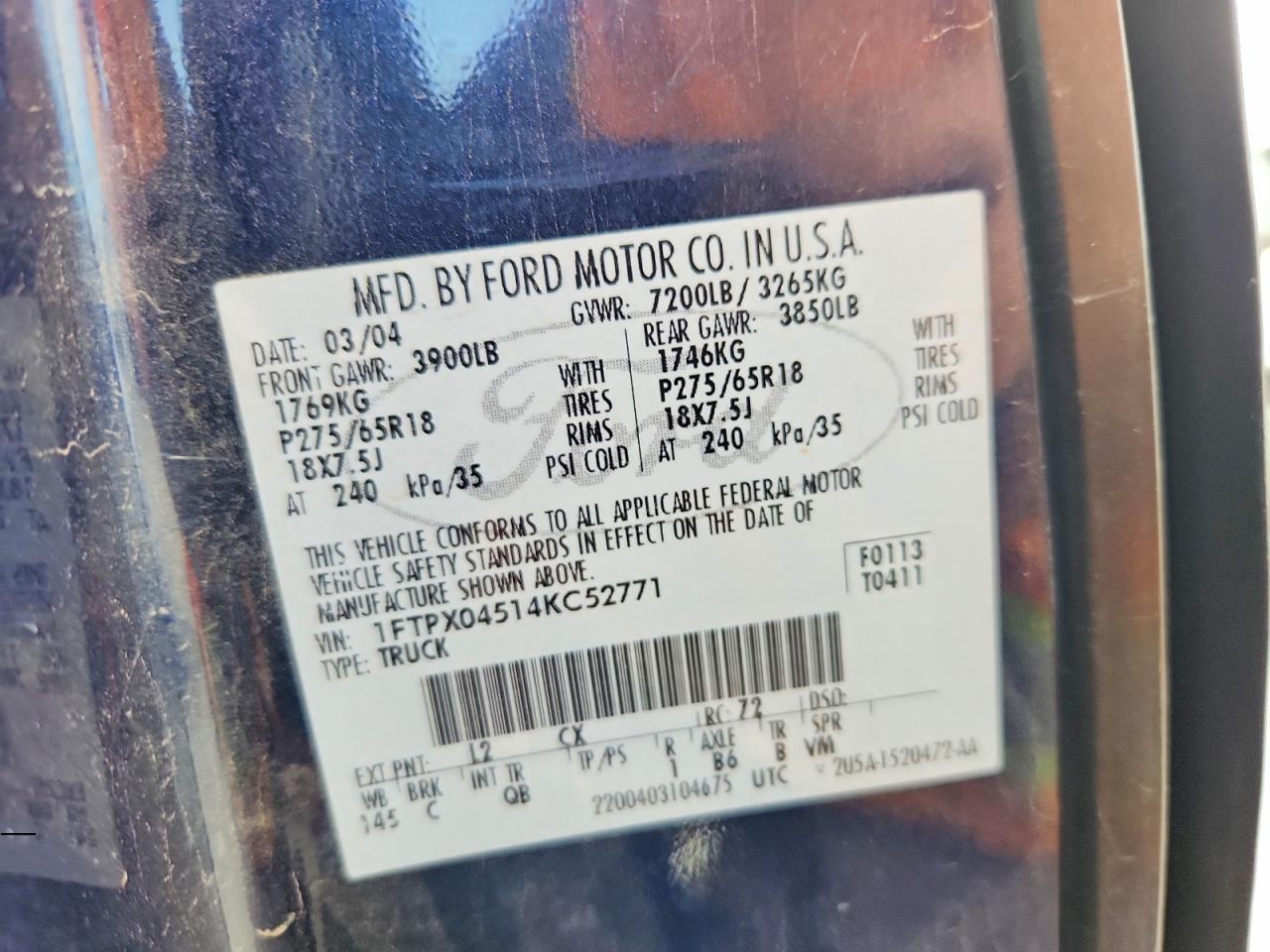 2004 Ford F150 Blue vin: 1FTPX04514KC52771