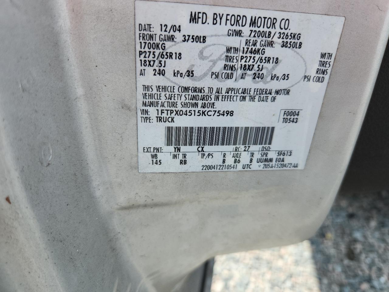 2005 Ford F150 Серебряный vin: 1FTPX04515KC75498