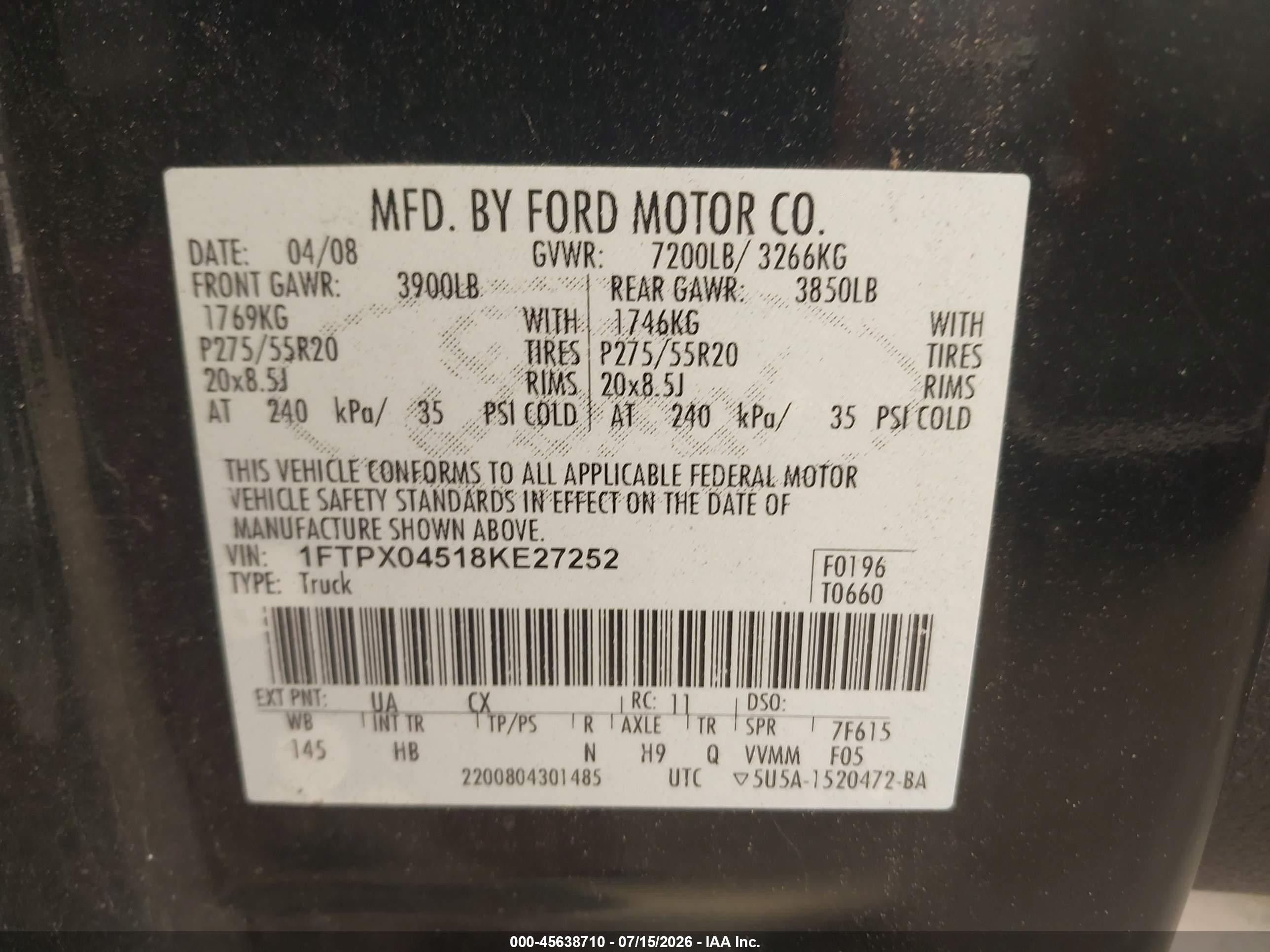 2008 Ford F-150 Fx4/xlt Black vin: 1FTPX04518KE27252