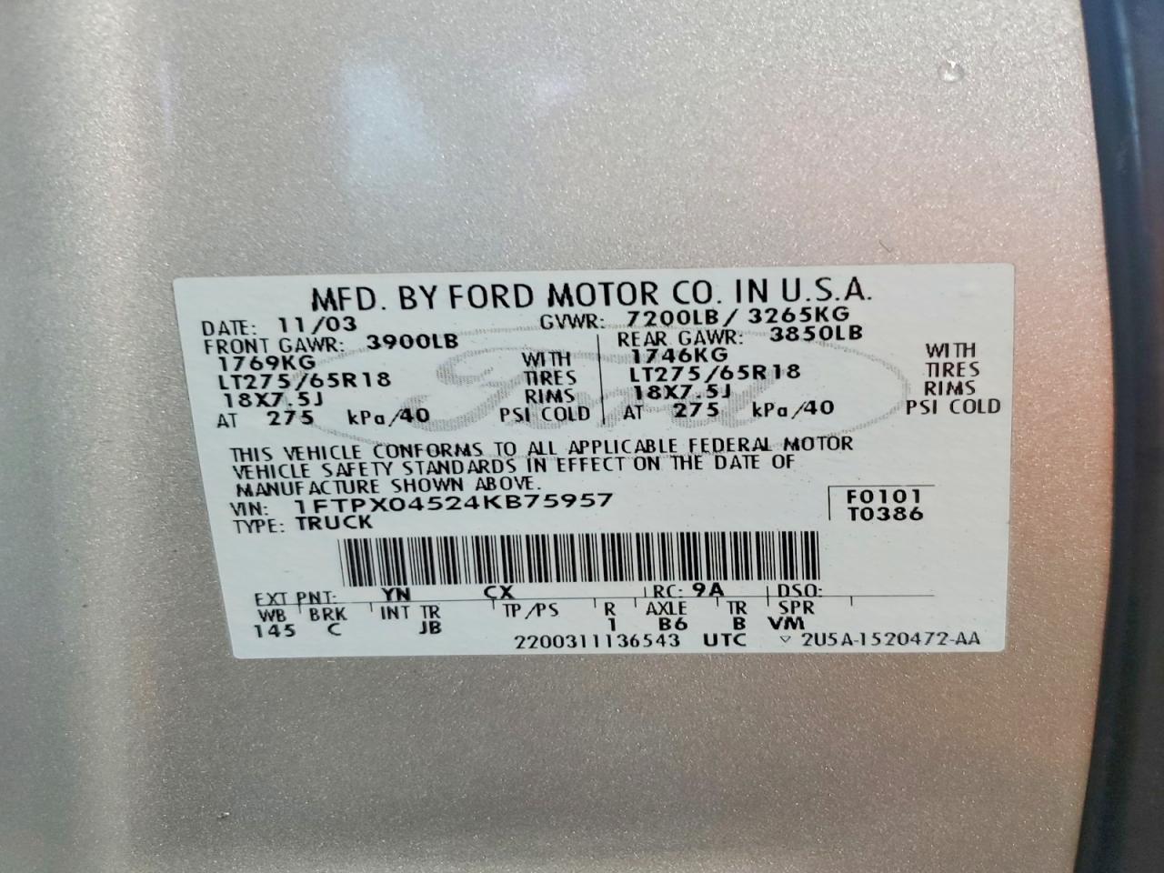 2004 Ford F150 Silver vin: 1FTPX04524KB75957