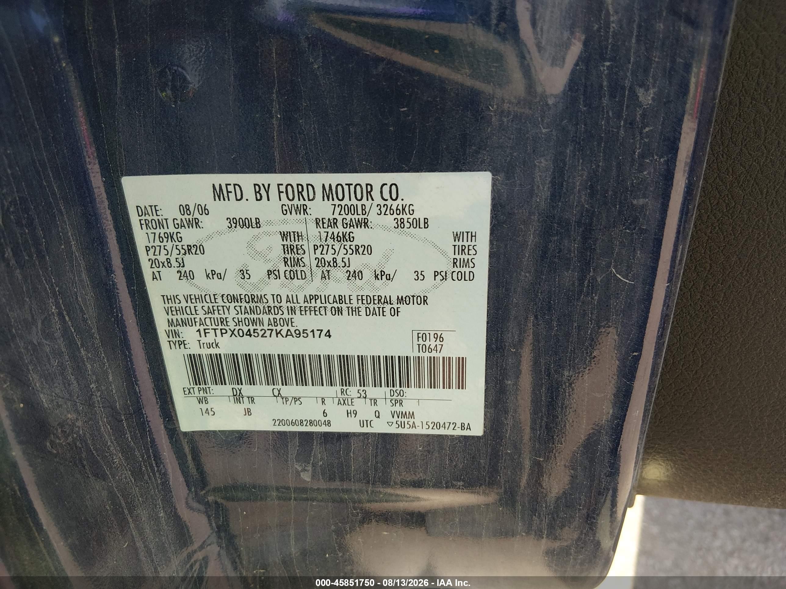 2007 Ford F-150 Fx4/xlt Blue vin: 1FTPX04527KA95174