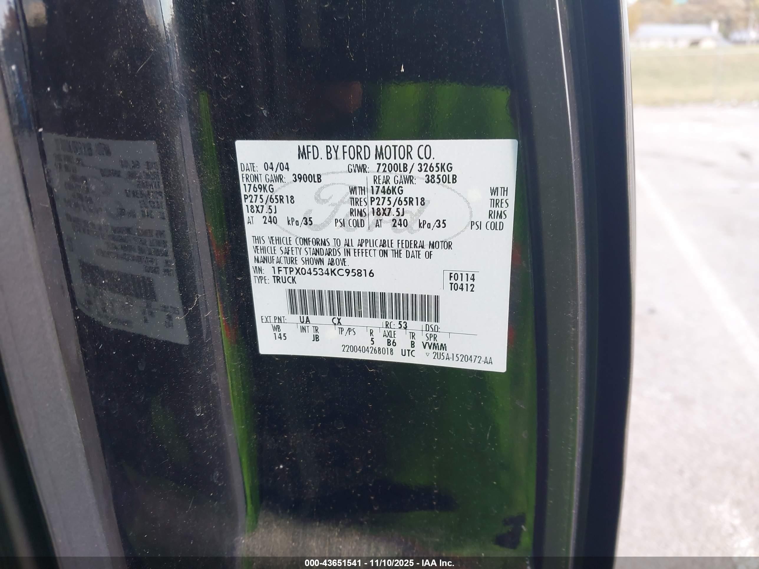 2004 Ford F-150 Fx4/xlt Black vin: 1FTPX04534KC95816