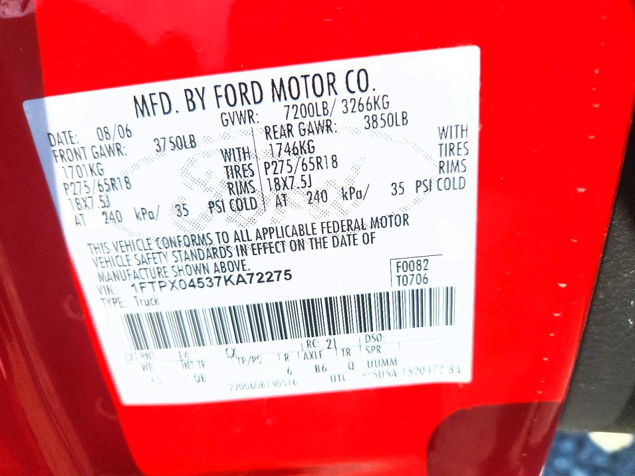 2007 Ford F150 Red vin: 1FTPX04537KA72275