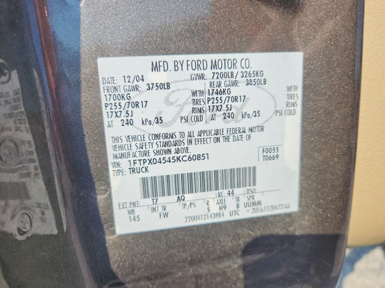 2005 Ford F150 Charcoal vin: 1FTPX04545KC60851