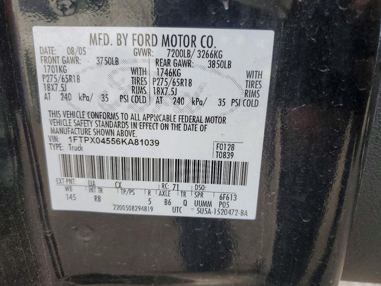 2006 Ford F150 Черный vin: 1FTPX04556KA81039