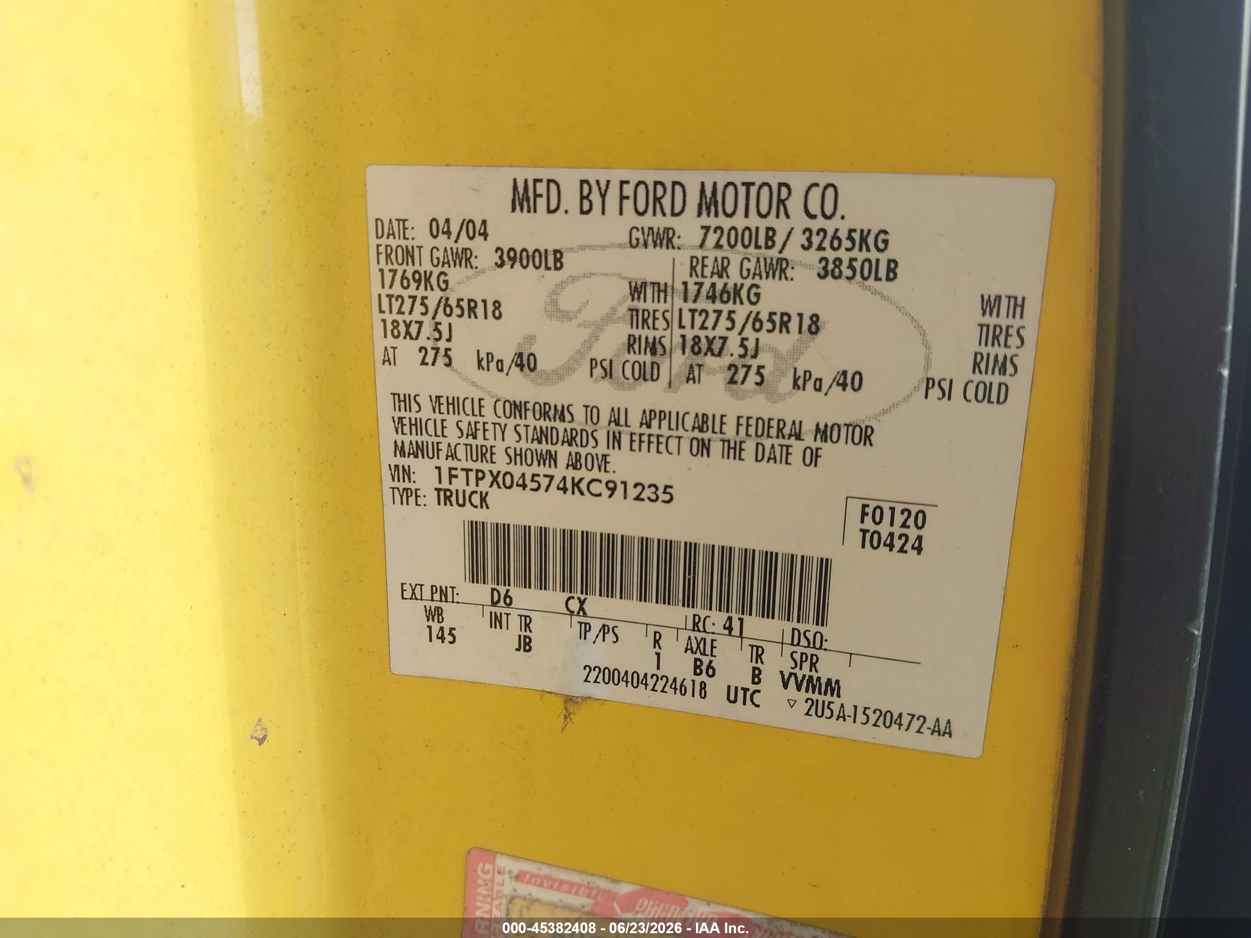2004 Ford F-150 Fx4/xlt Yellow vin: 1FTPX04574KC91235