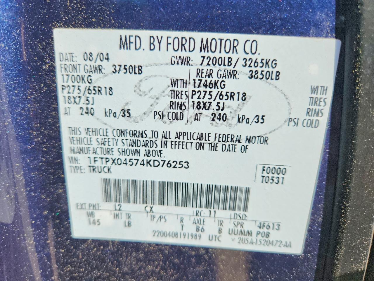 2004 Ford F150 Blue vin: 1FTPX04574KD76253