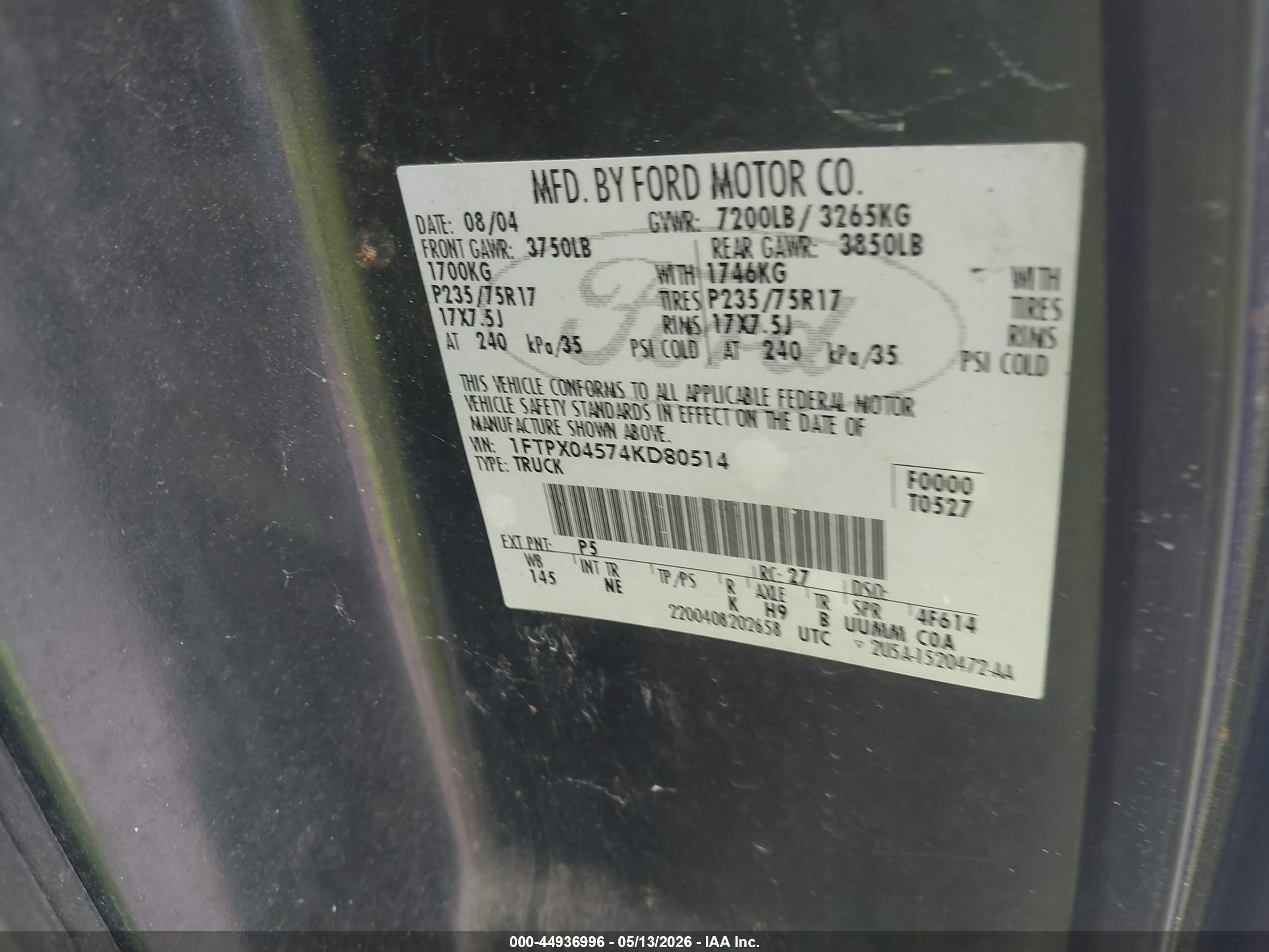 2004 Ford F-150   Green vin: 1FTPX04574KD80514