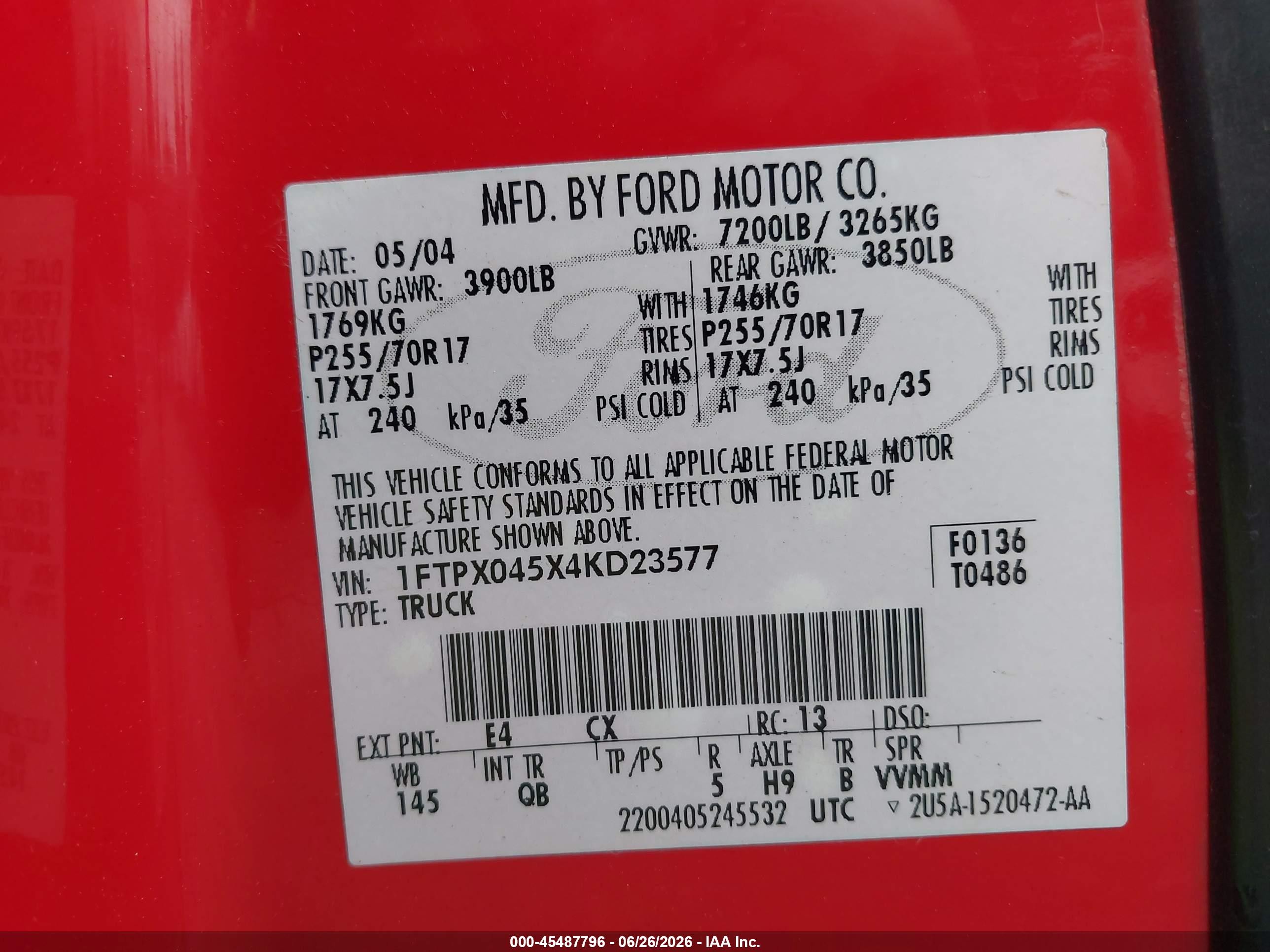 2004 Ford F-150 Fx4/xlt Red vin: 1FTPX045X4KD23577