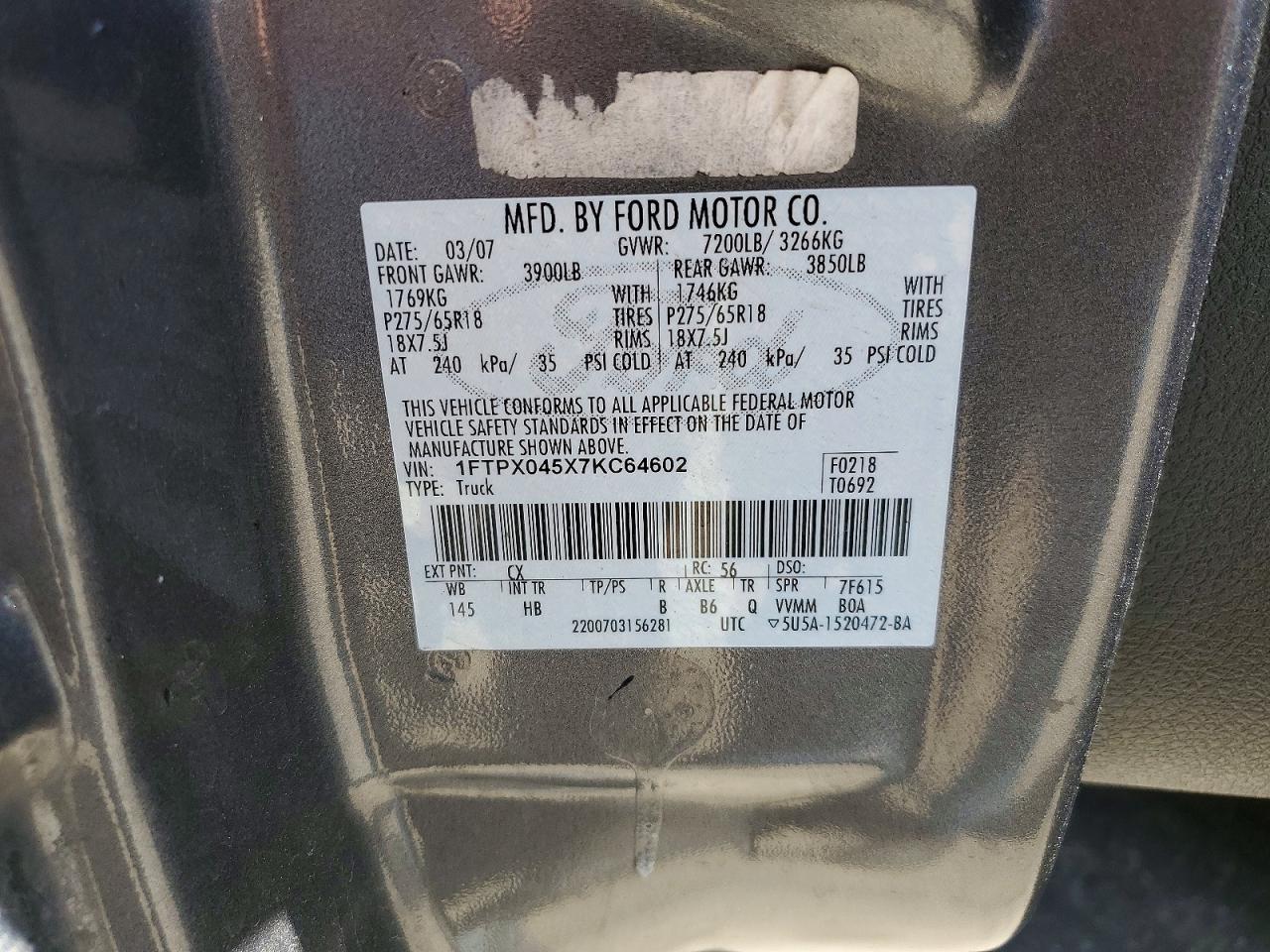 2007 Ford F150 Gray vin: 1FTPX045X7KC64602