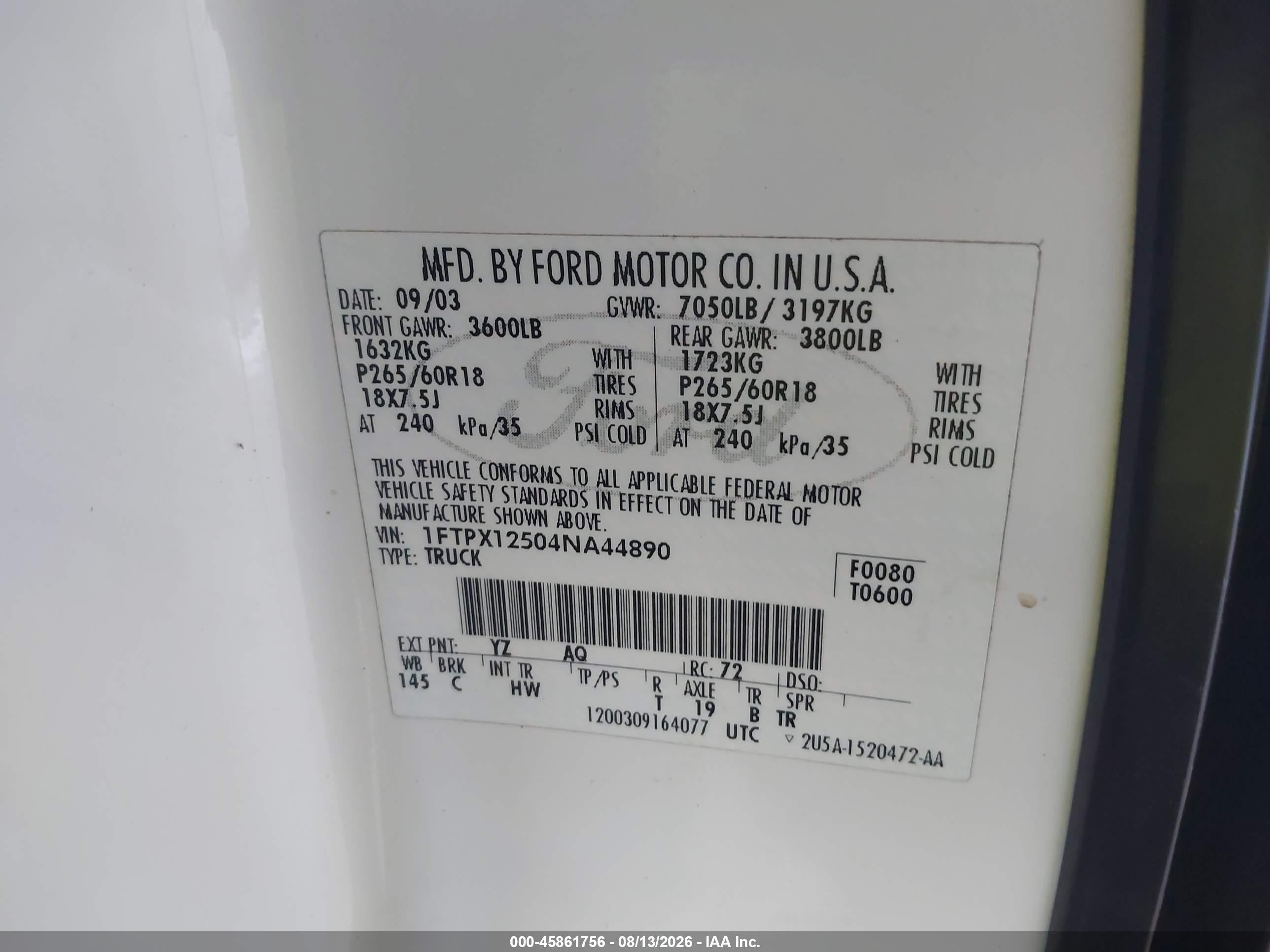2004 Ford F-150 Lariat/xl/xlt White vin: 1FTPX12504NA44890