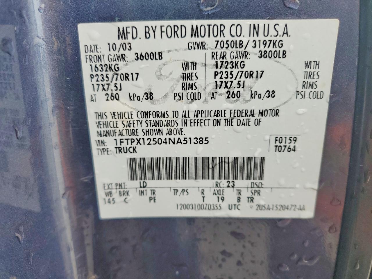 2004 Ford F150 Blue vin: 1FTPX12504NA51385