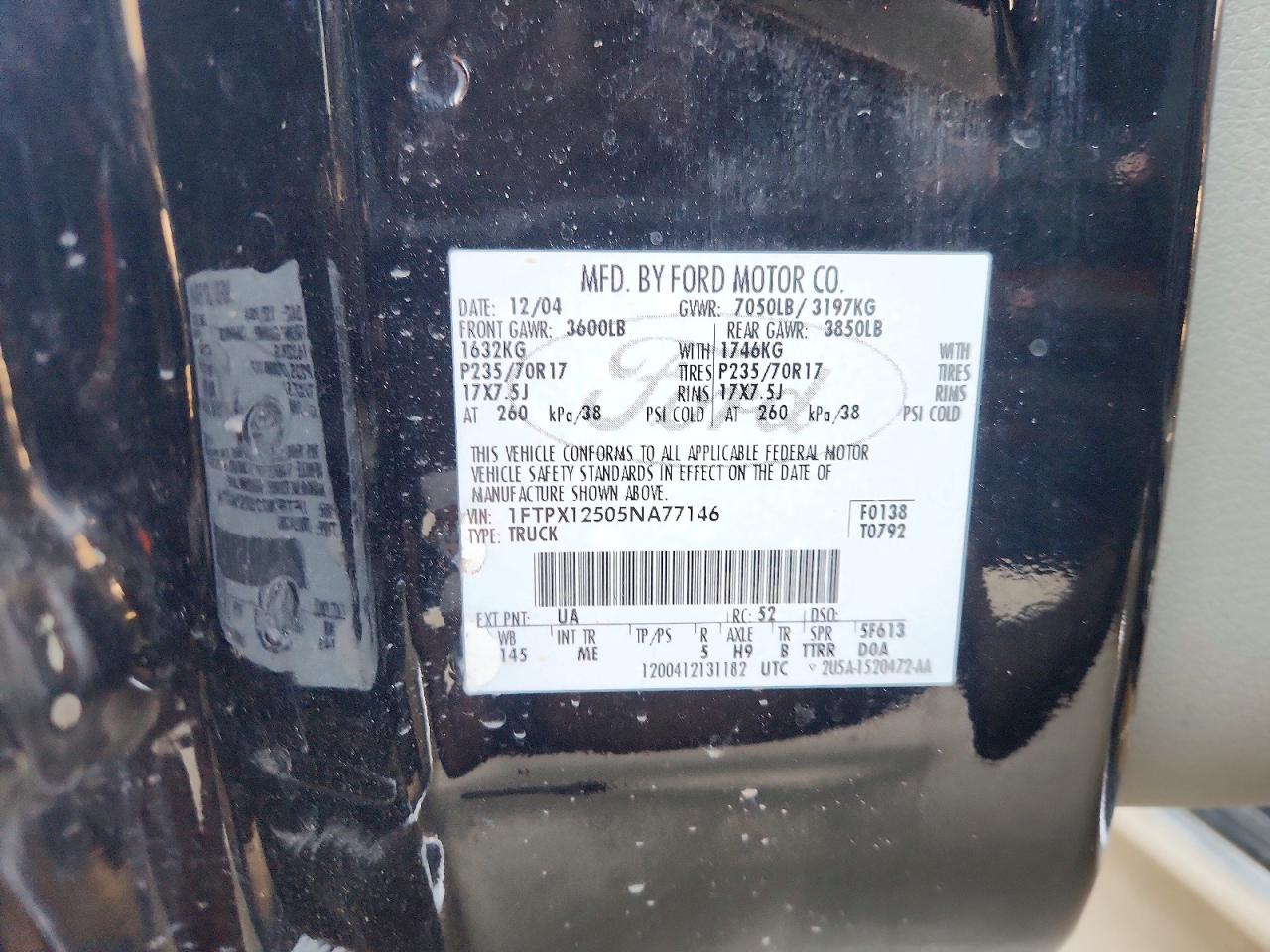 2005 Ford F150 Black vin: 1FTPX12505NA77146