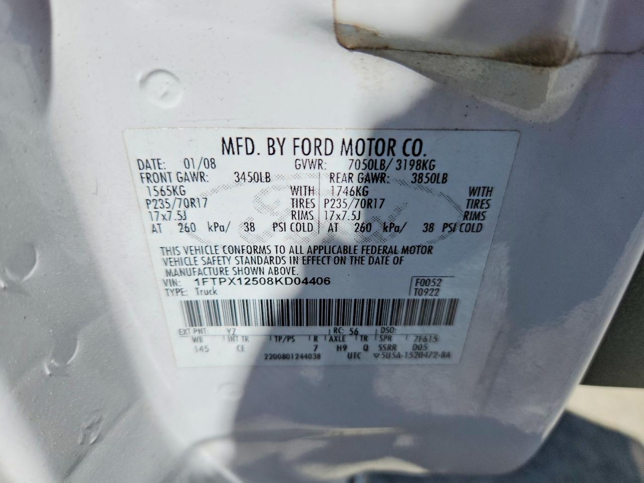2008 Ford F150 Белый vin: 1FTPX12508KD04406