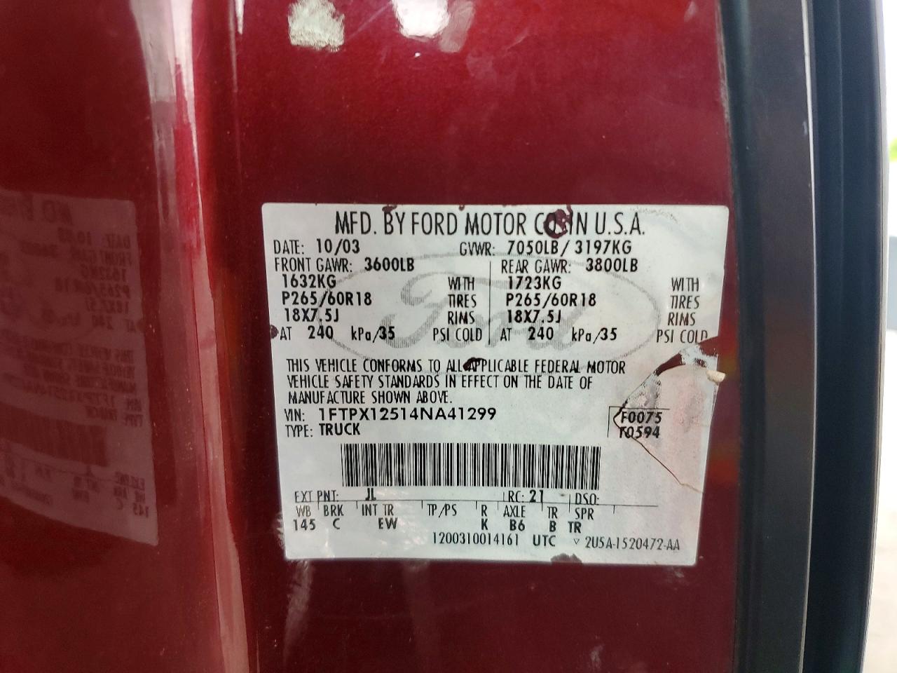 2004 Ford F150 Burgundy vin: 1FTPX12514NA41299