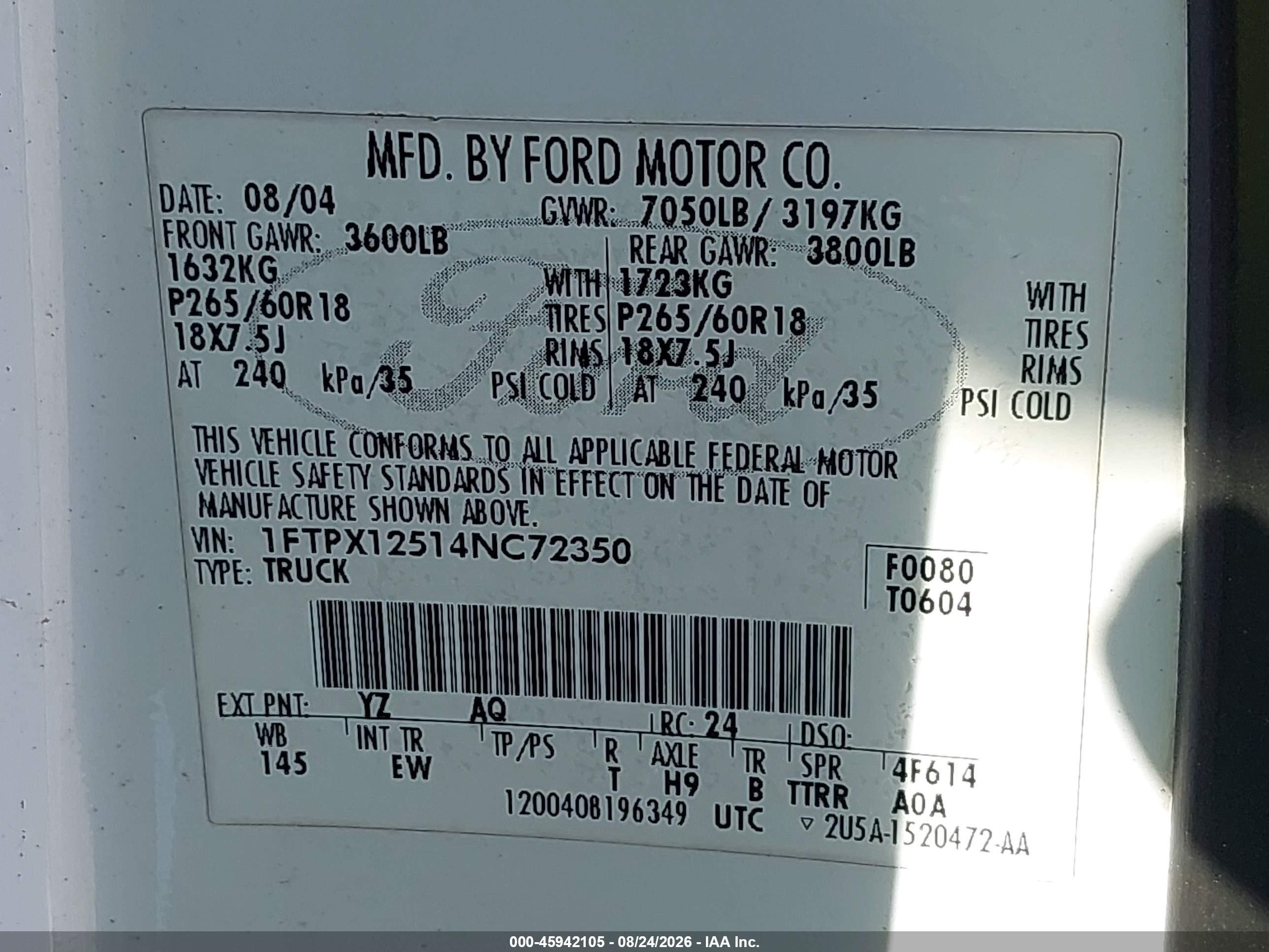 2004 Ford F-150 Lariat/xl/xlt Белый vin: 1FTPX12514NC72350