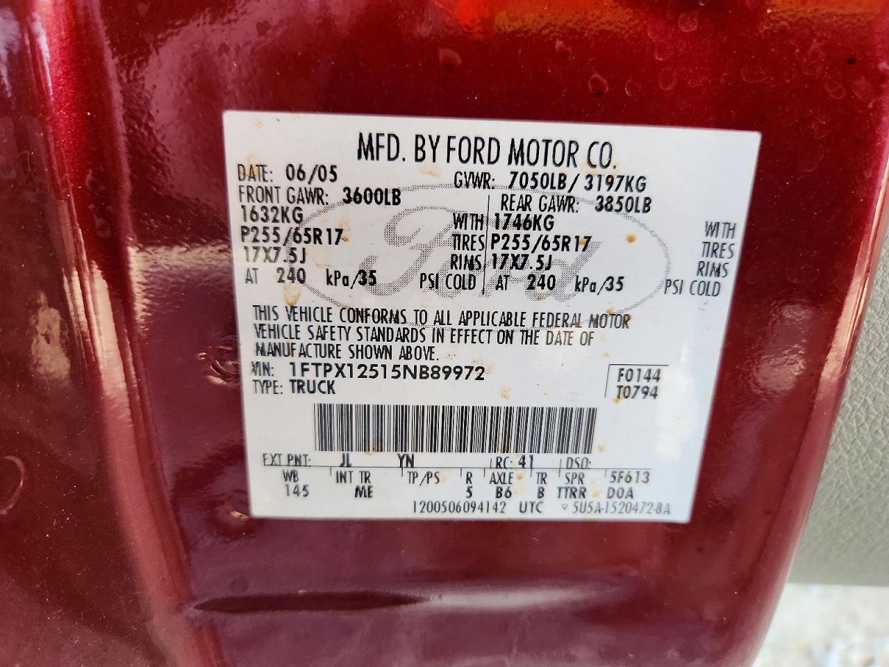 2005 Ford F150 Burgundy vin: 1FTPX12515NB89972
