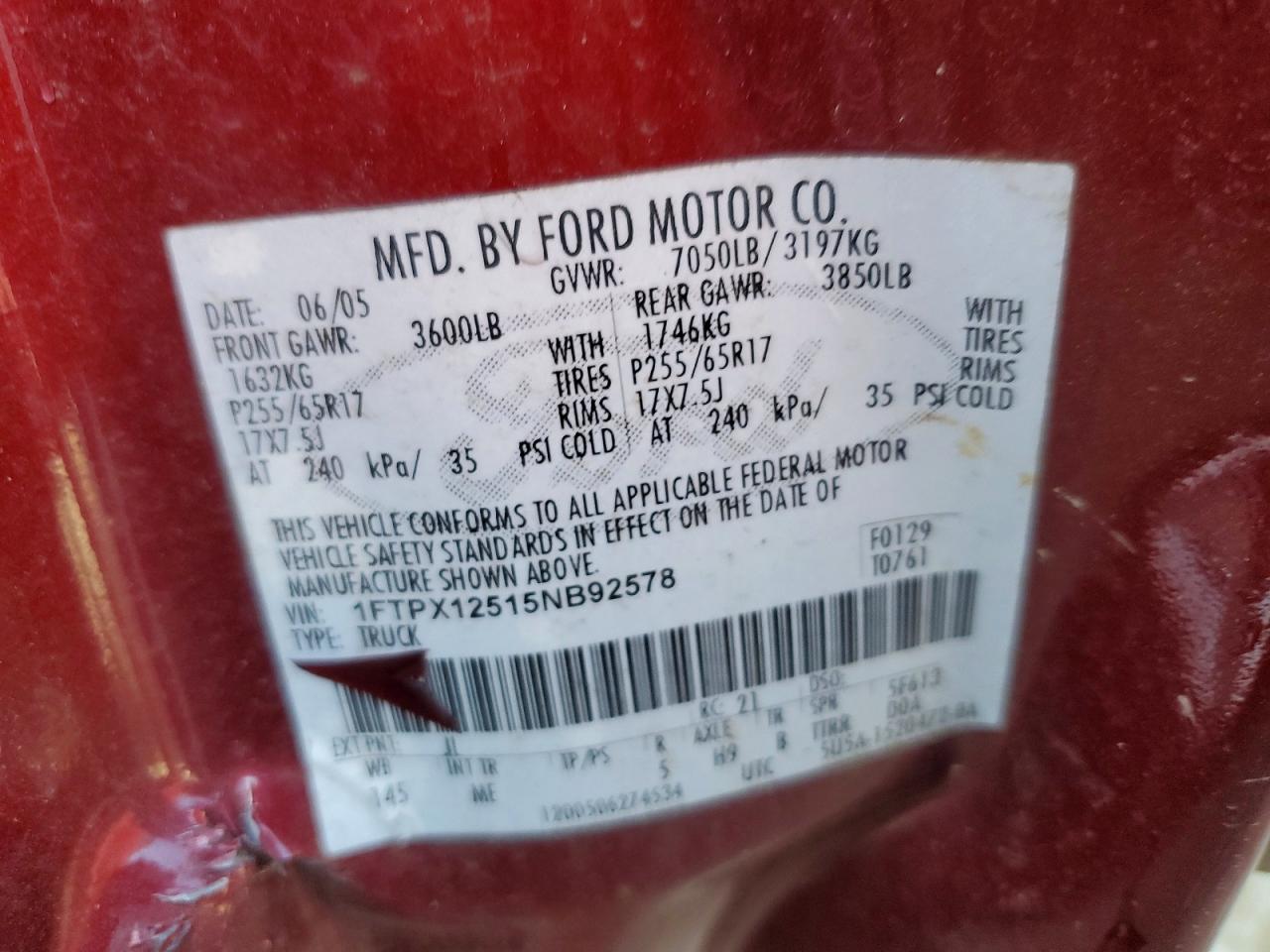 2005 Ford F150 Burgundy vin: 1FTPX12515NB92578