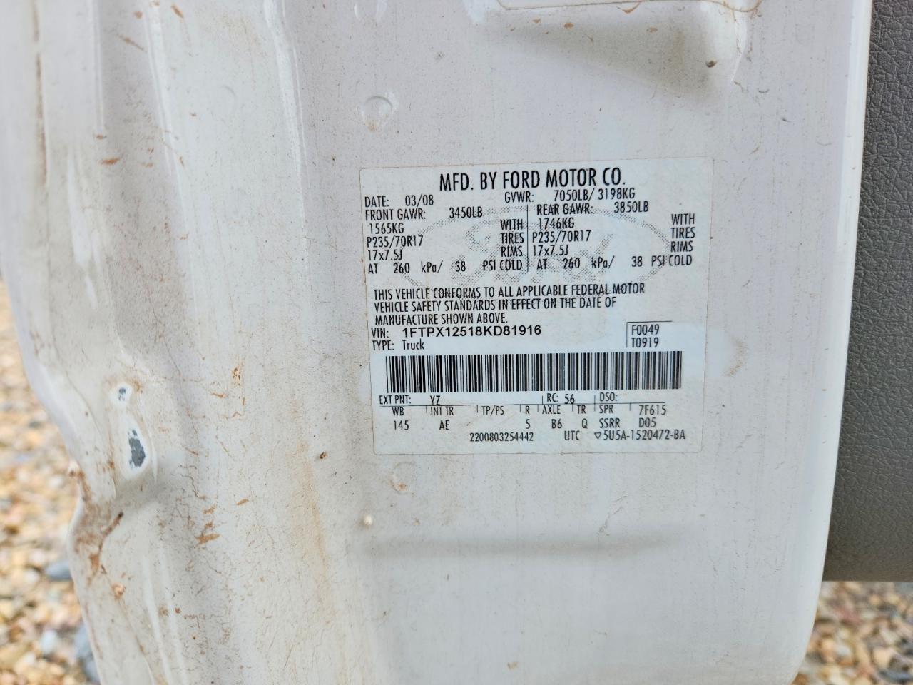 2008 Ford F-150 White vin: 1FTPX12518KD81916
