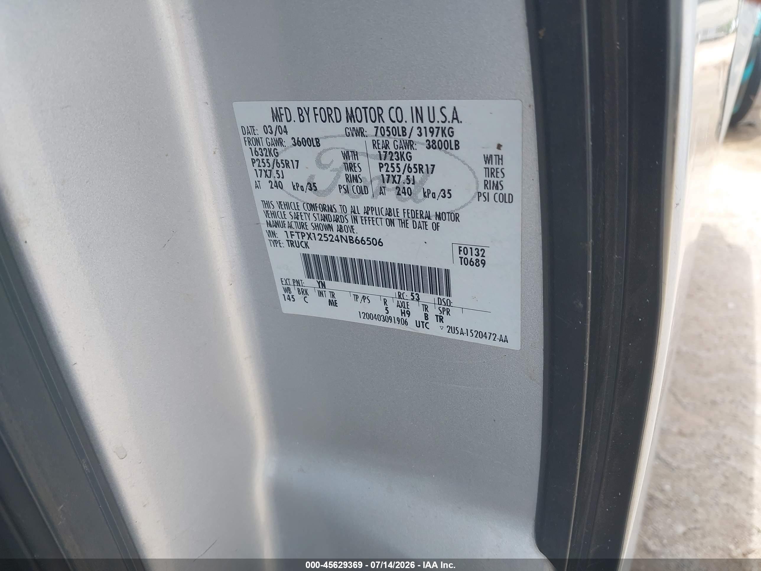 2004 Ford F-150 Lariat/xl/xlt Silver vin: 1FTPX12524NB66506