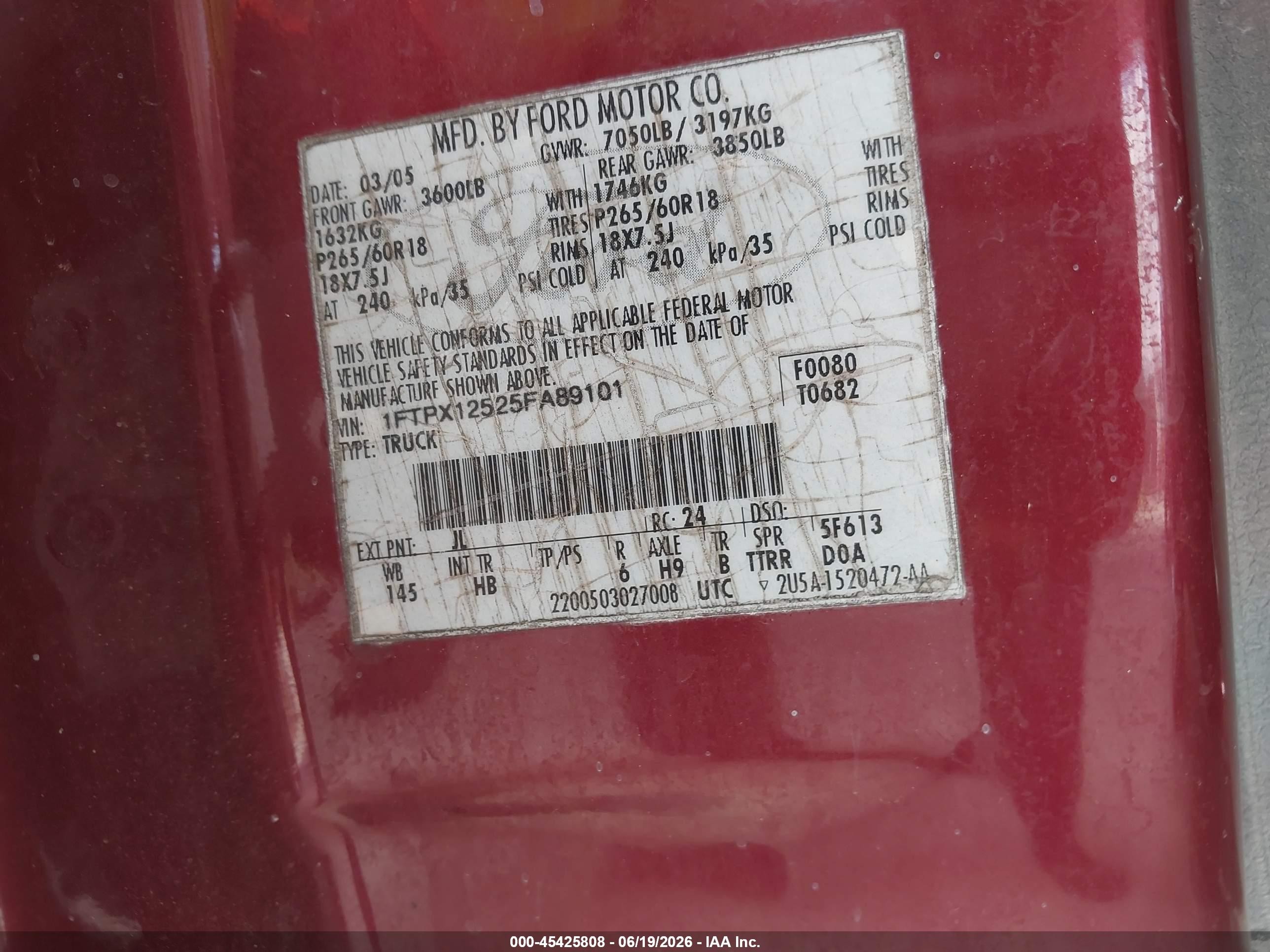 2005 Ford F-150 Lariat/xl/xlt Maroon vin: 1FTPX12525FA89101