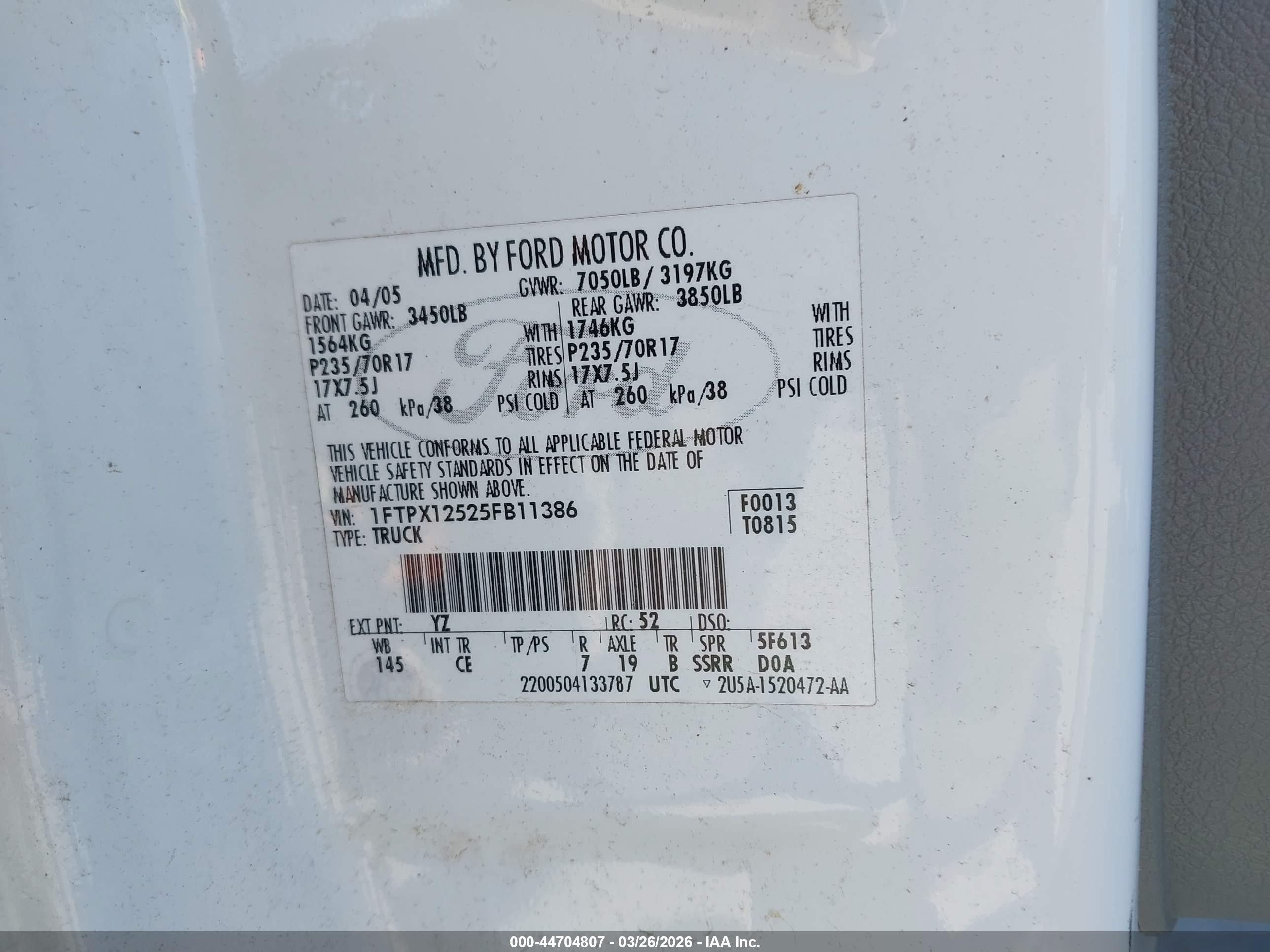 2005 Ford F-150 Lariat/xl/xlt White vin: 1FTPX12525FB11386