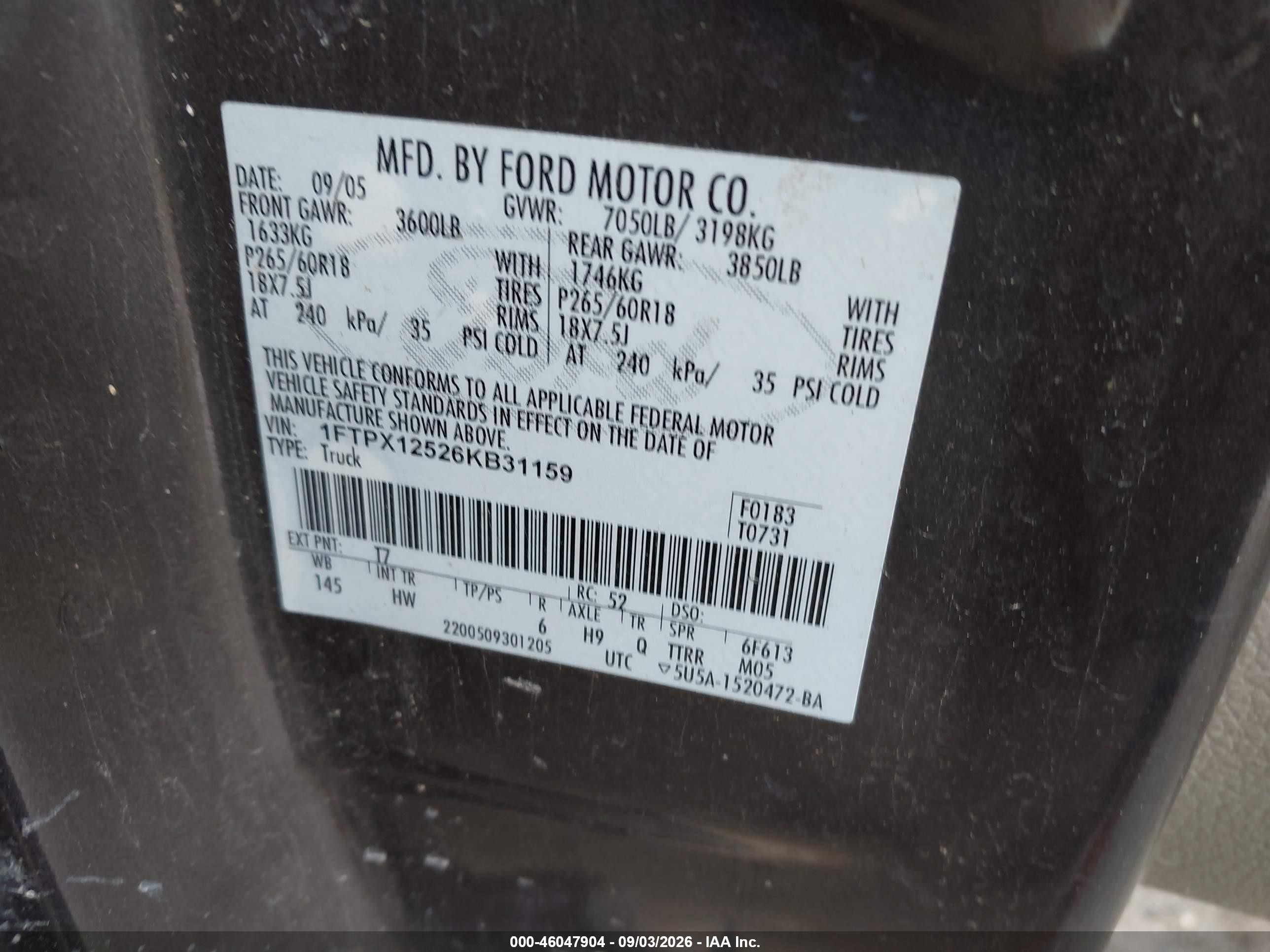 2006 Ford F-150 Lariat/xl/xlt Black vin: 1FTPX12526KB31159