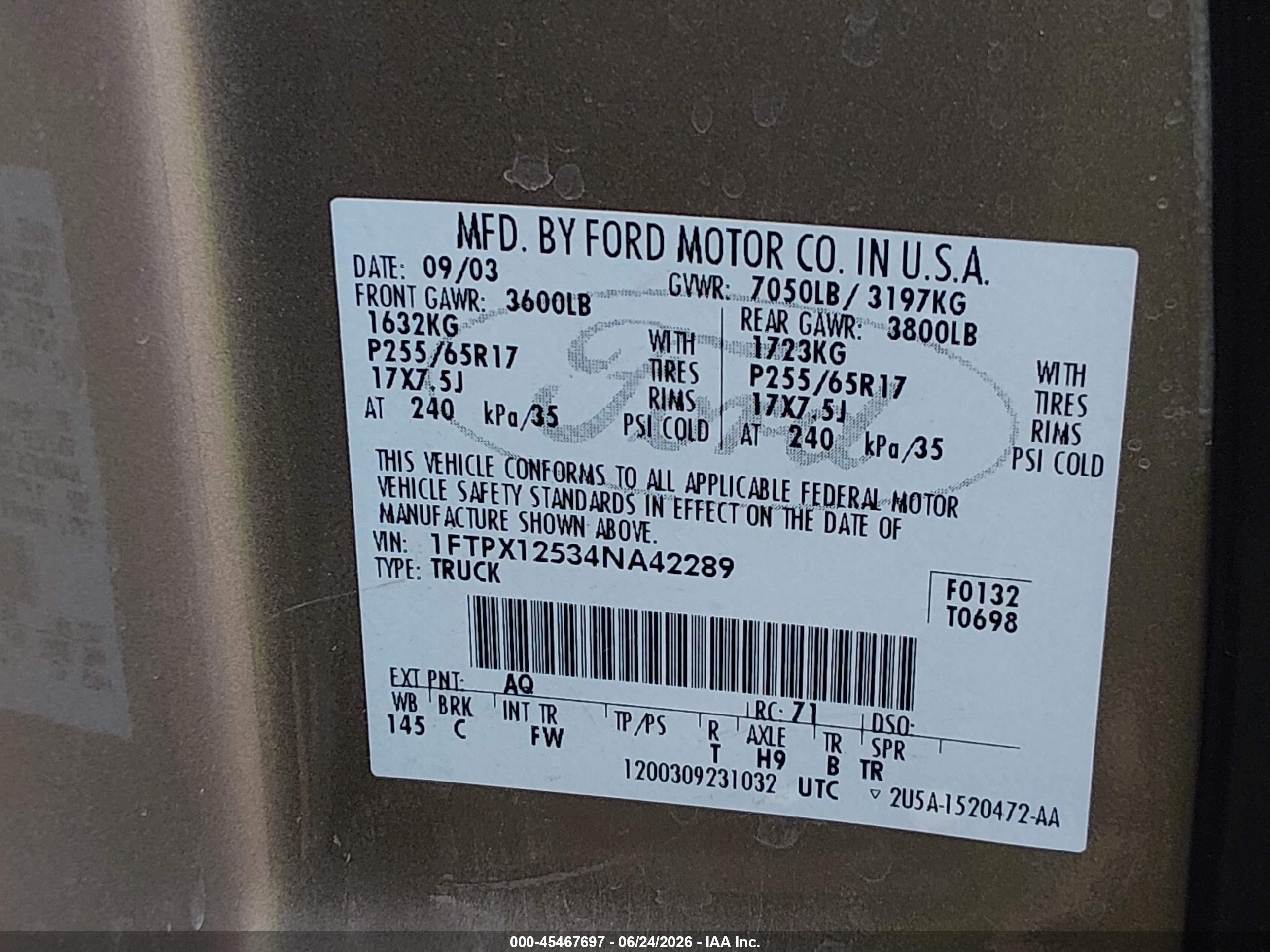 2004 Ford F-150 Lariat/xl/xlt Cream vin: 1FTPX12534NA42289