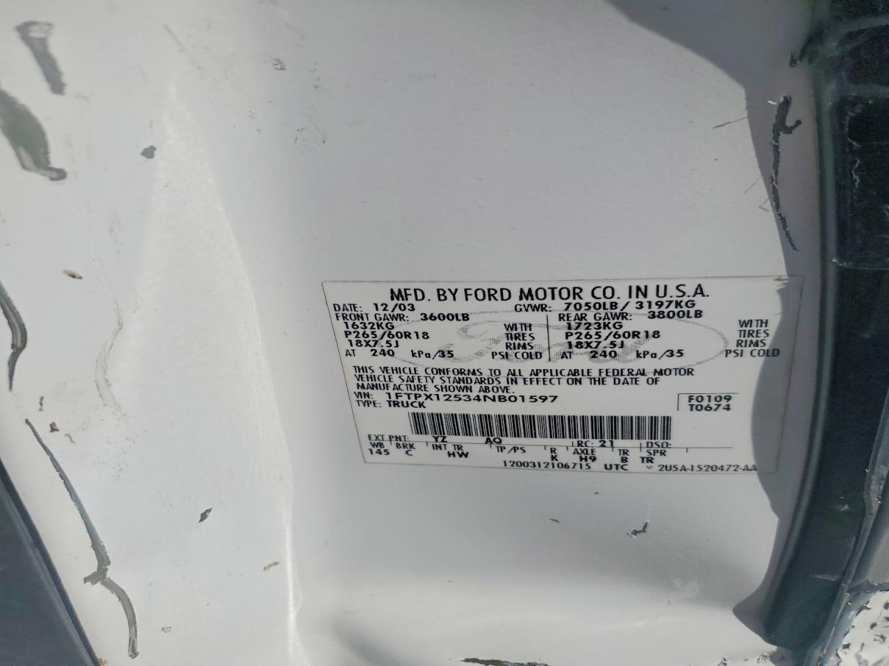 2004 Ford F150 Lariat White vin: 1FTPX12534NB01597