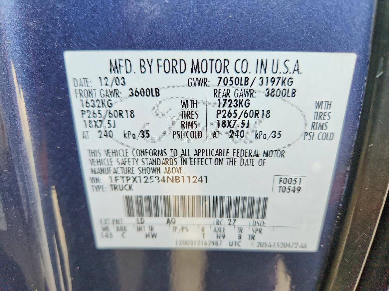 2004 Ford F150 Синий vin: 1FTPX12534NB11241