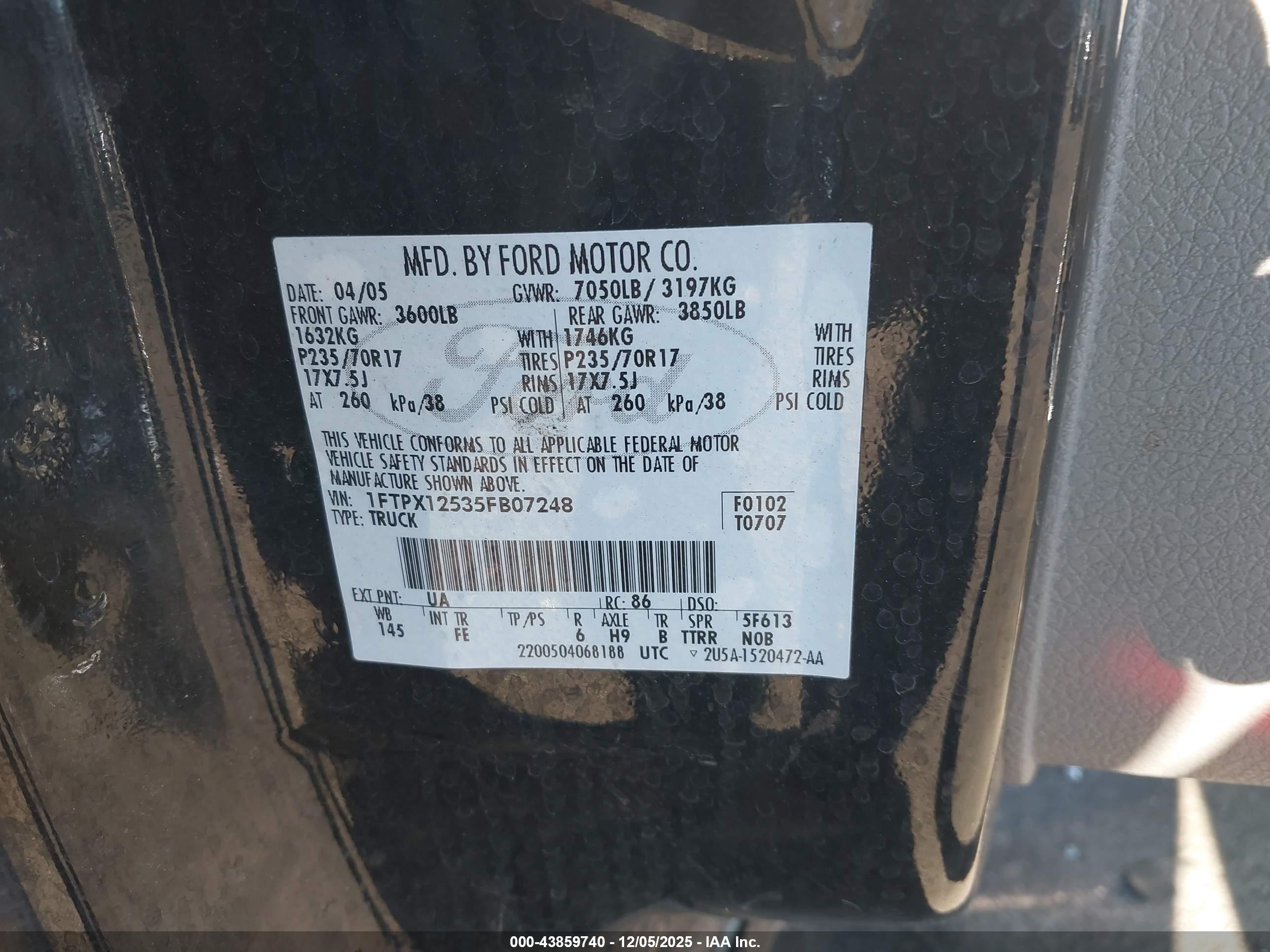 2005 Ford F-150 Lariat/xl/xlt Black vin: 1FTPX12535FB07248