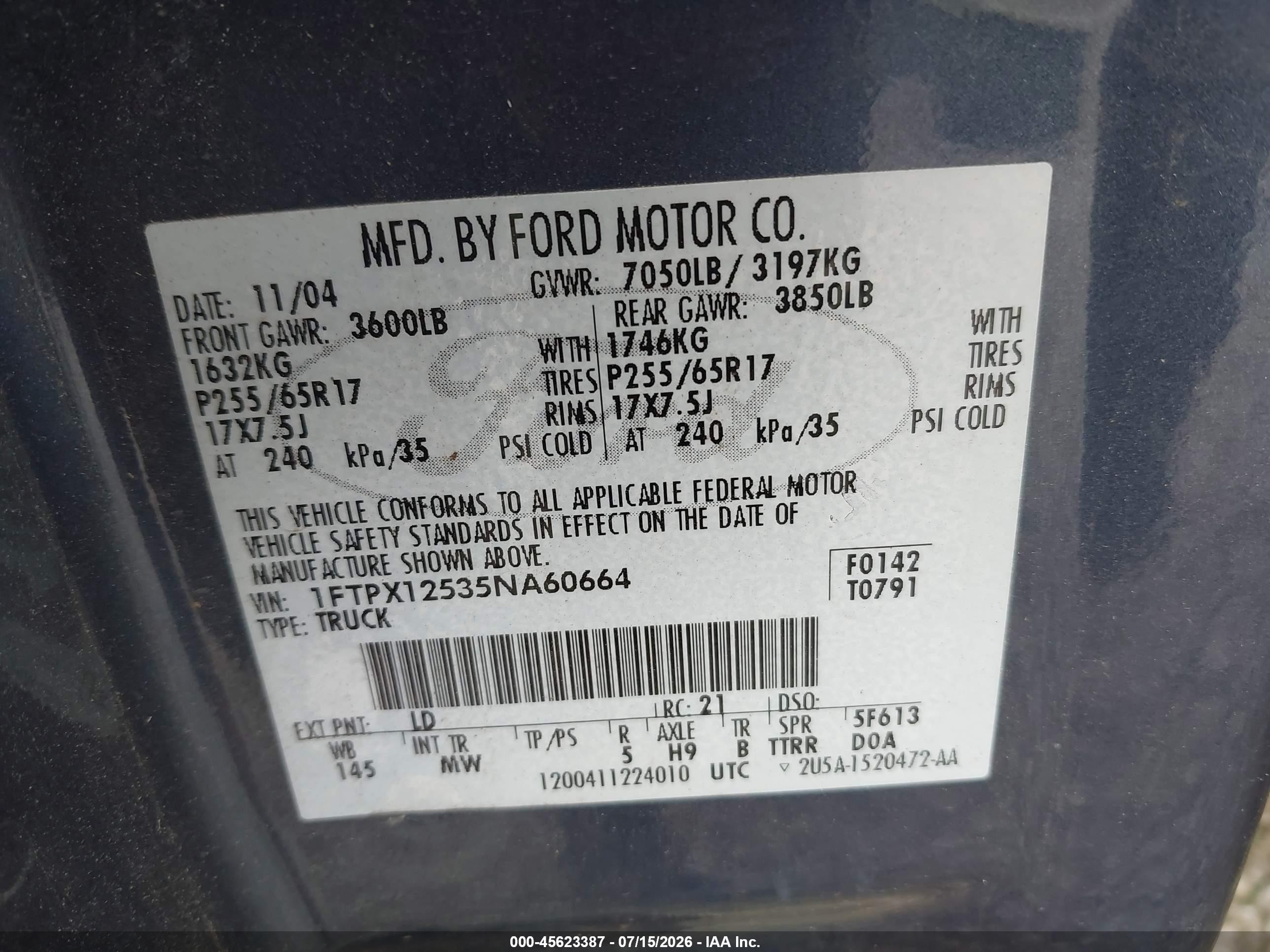 2005 Ford F-150 Lariat/xl/xlt Blue vin: 1FTPX12535NA60664