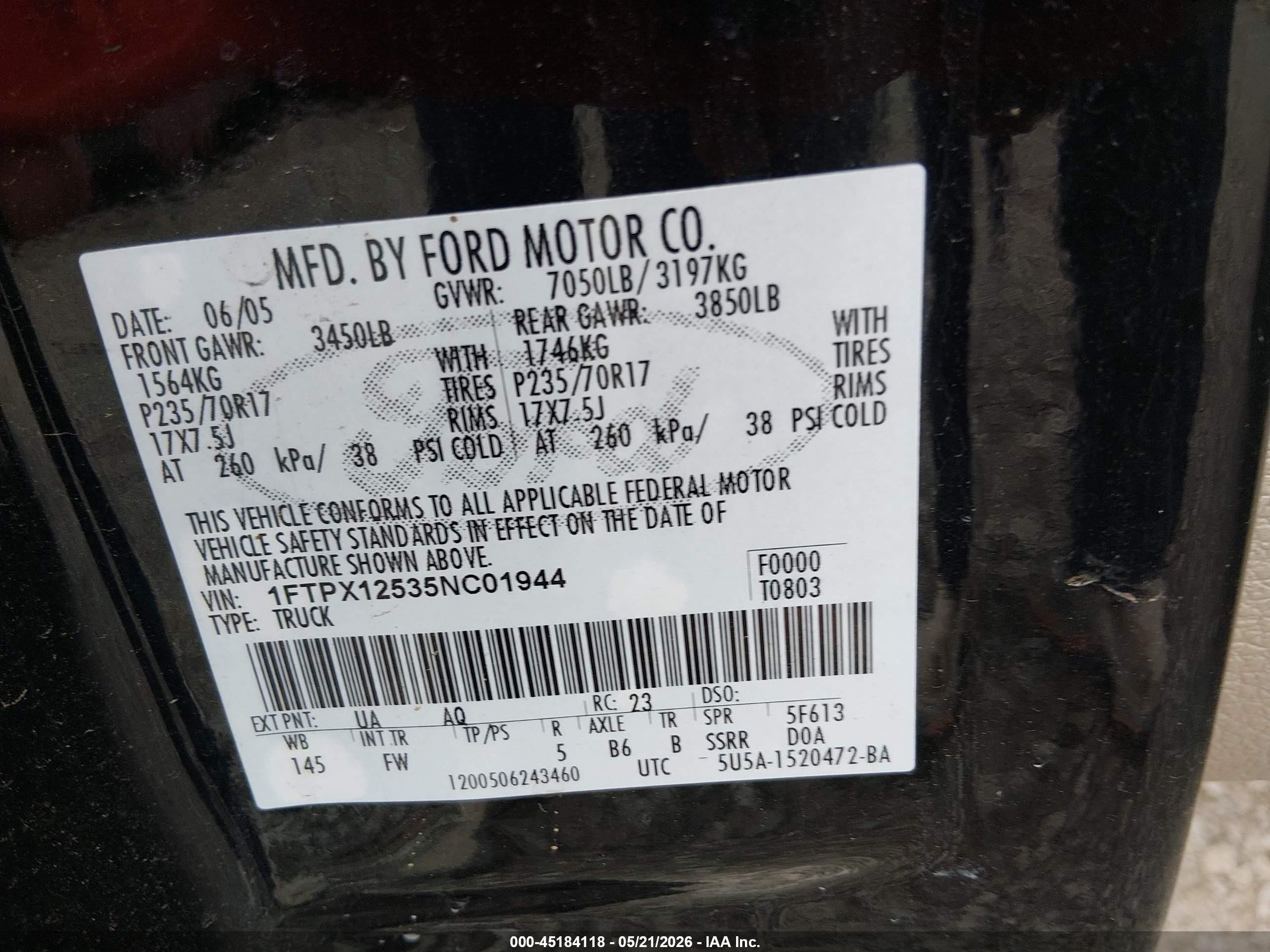 2005 Ford F-150 Lariat/xl/xlt Черный vin: 1FTPX12535NC01944