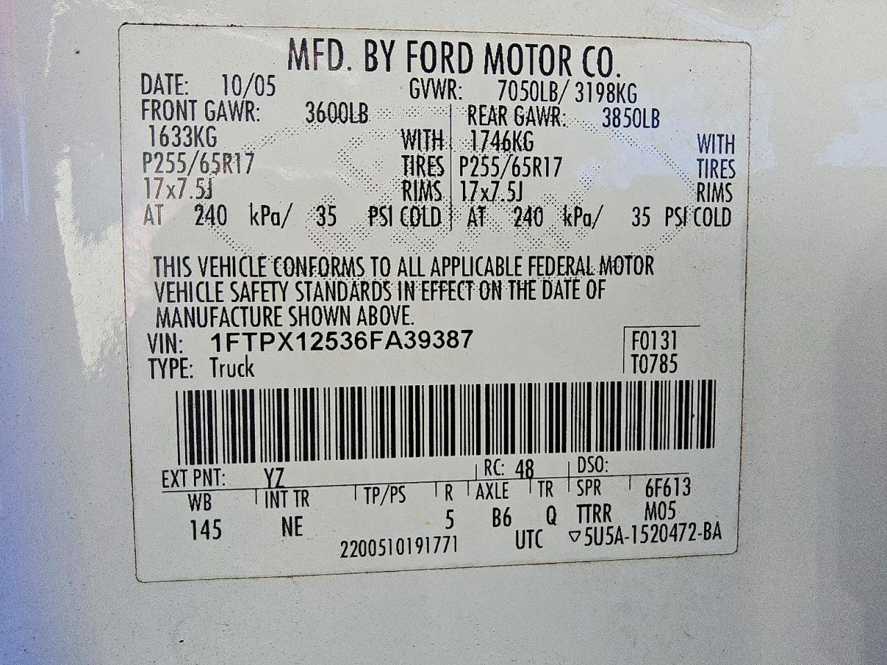 2006 Ford F150 Белый vin: 1FTPX12536FA39387