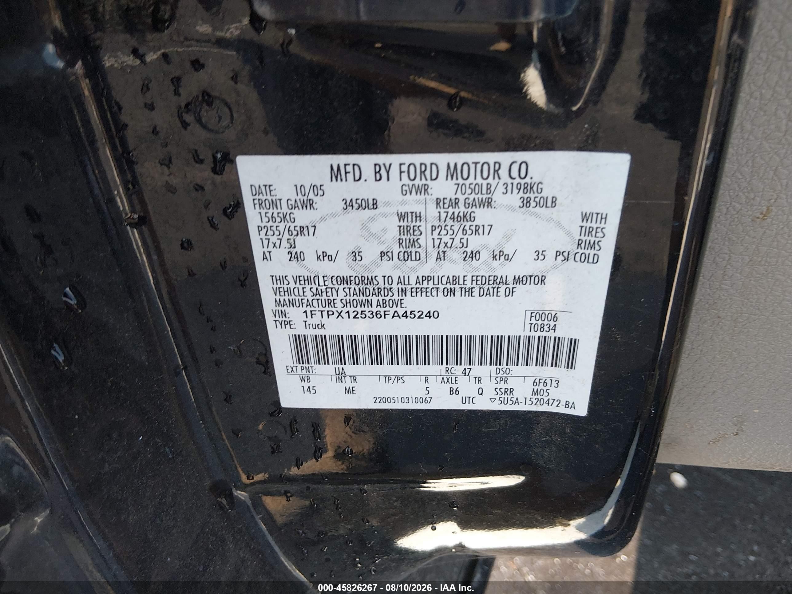 2006 Ford F-150 Lariat/xl/xlt Black vin: 1FTPX12536FA45240