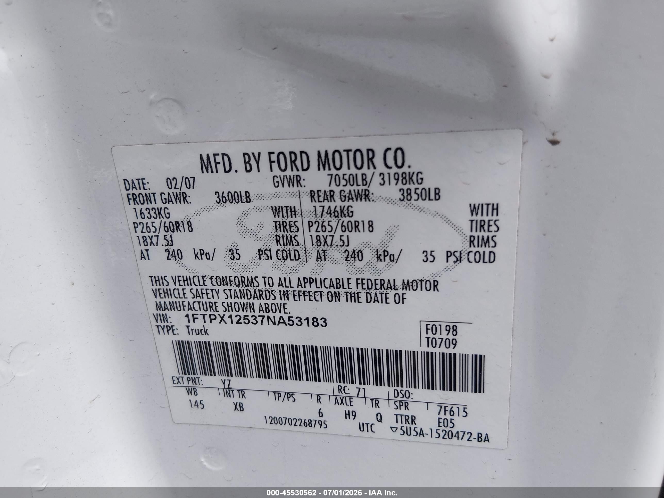 2007 Ford F-150 Lariat/stx/xl/xlt White vin: 1FTPX12537NA53183