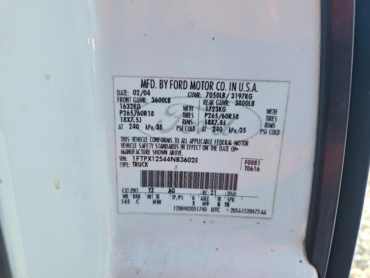 2004 Ford F150 White vin: 1FTPX12544NB36021