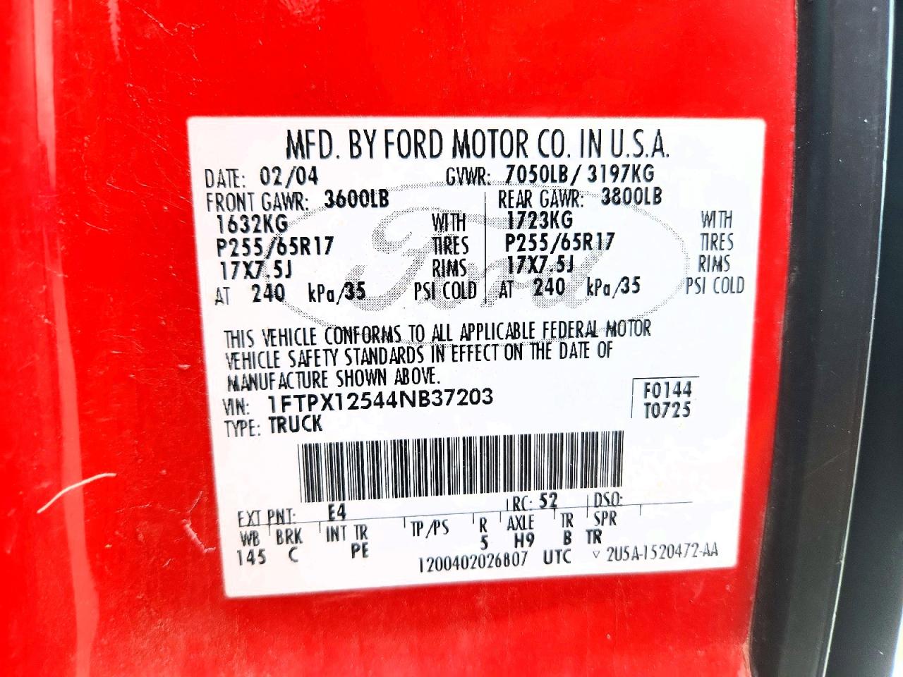 2004 Ford F150 Red vin: 1FTPX12544NB37203