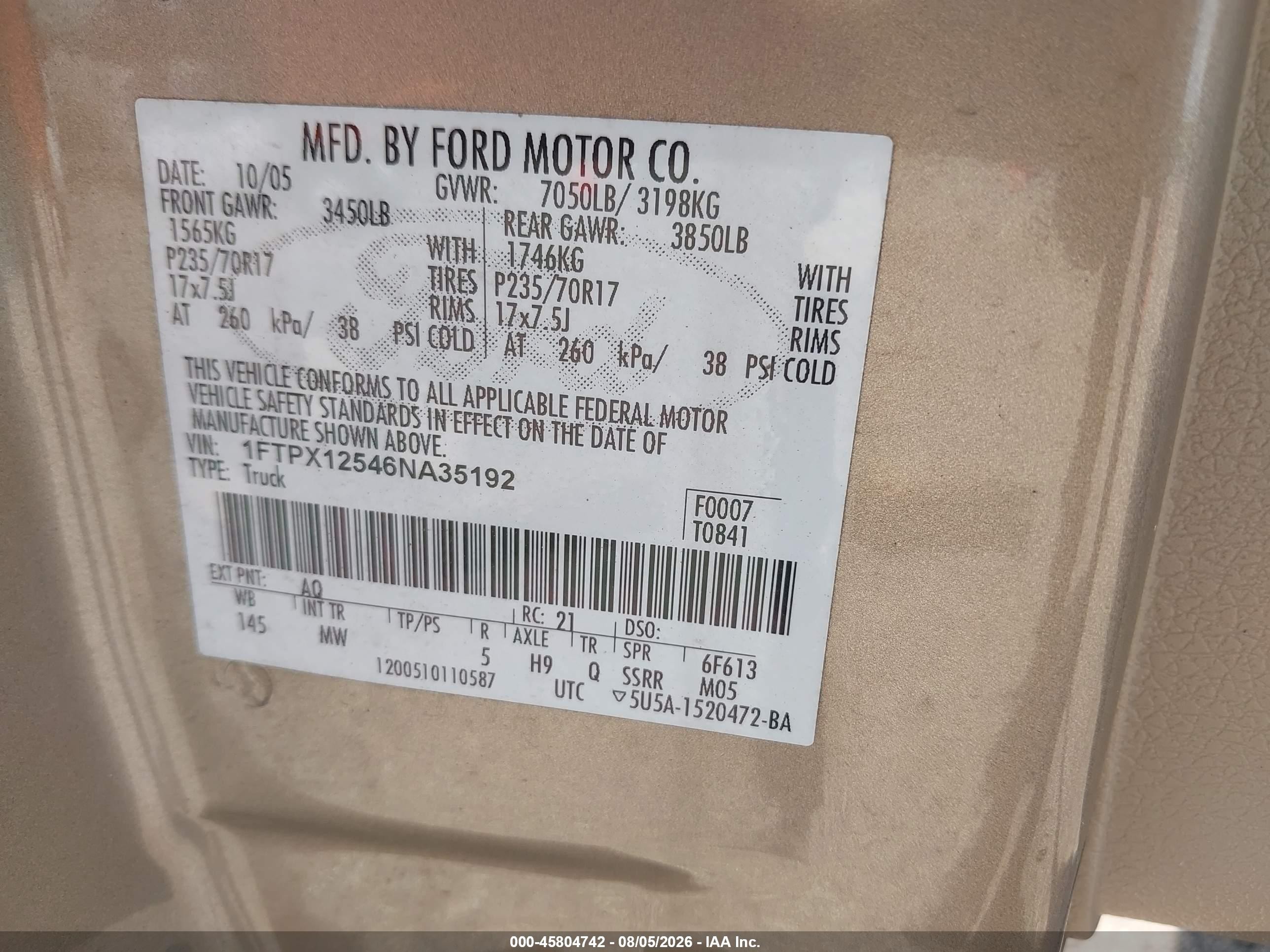 2006 Ford F-150 Lariat/xl/xlt Gold vin: 1FTPX12546NA35192