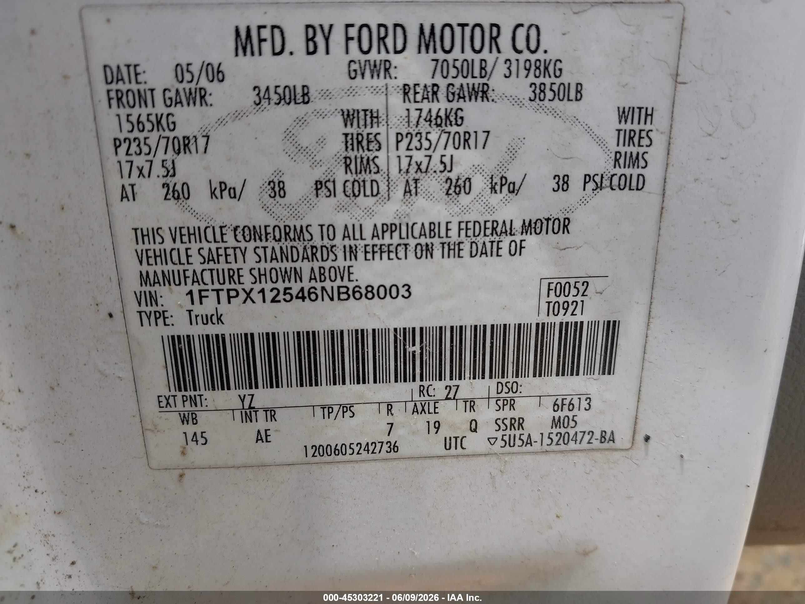 2006 Ford F-150 Lariat/xl/xlt White vin: 1FTPX12546NB68003